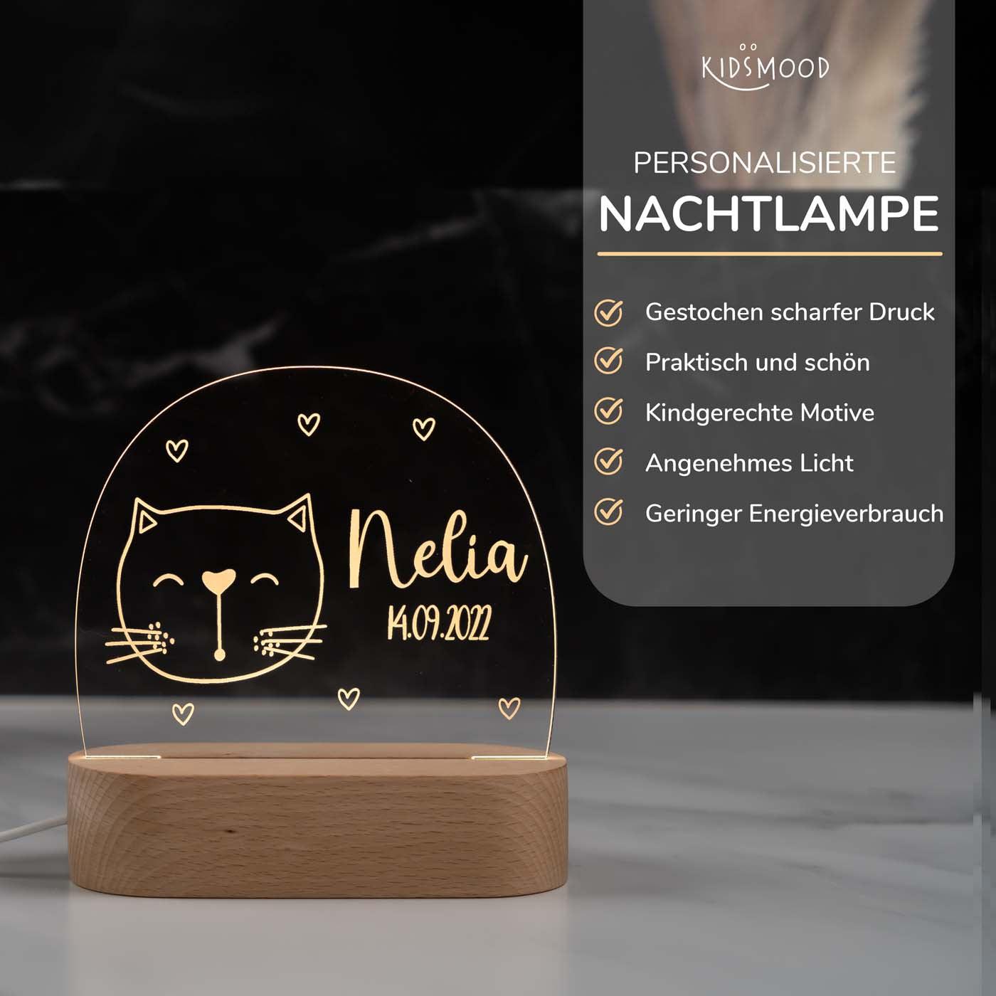 Personalisierte Nachtlampe für Kinder - Kater - Name und Geburtsdatum
