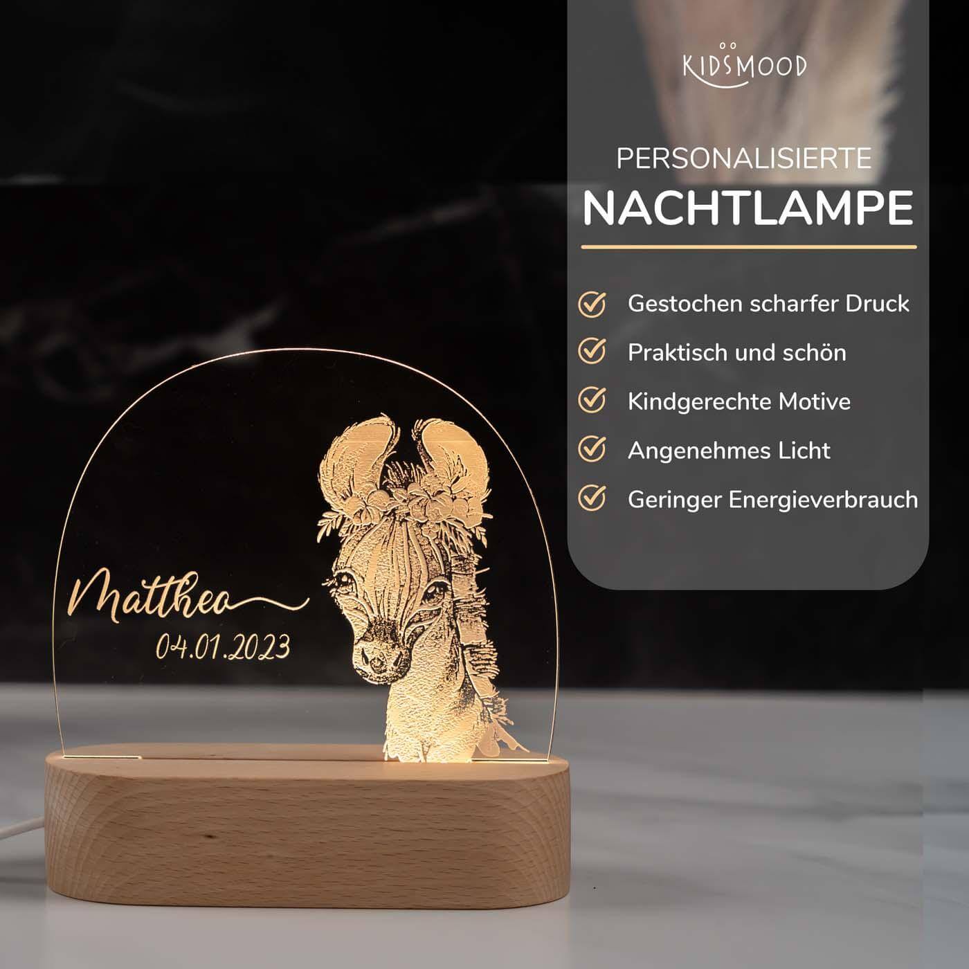 Personalisierte Nachtlampe für Kinder - Zebra - Name und Geburtsdatum