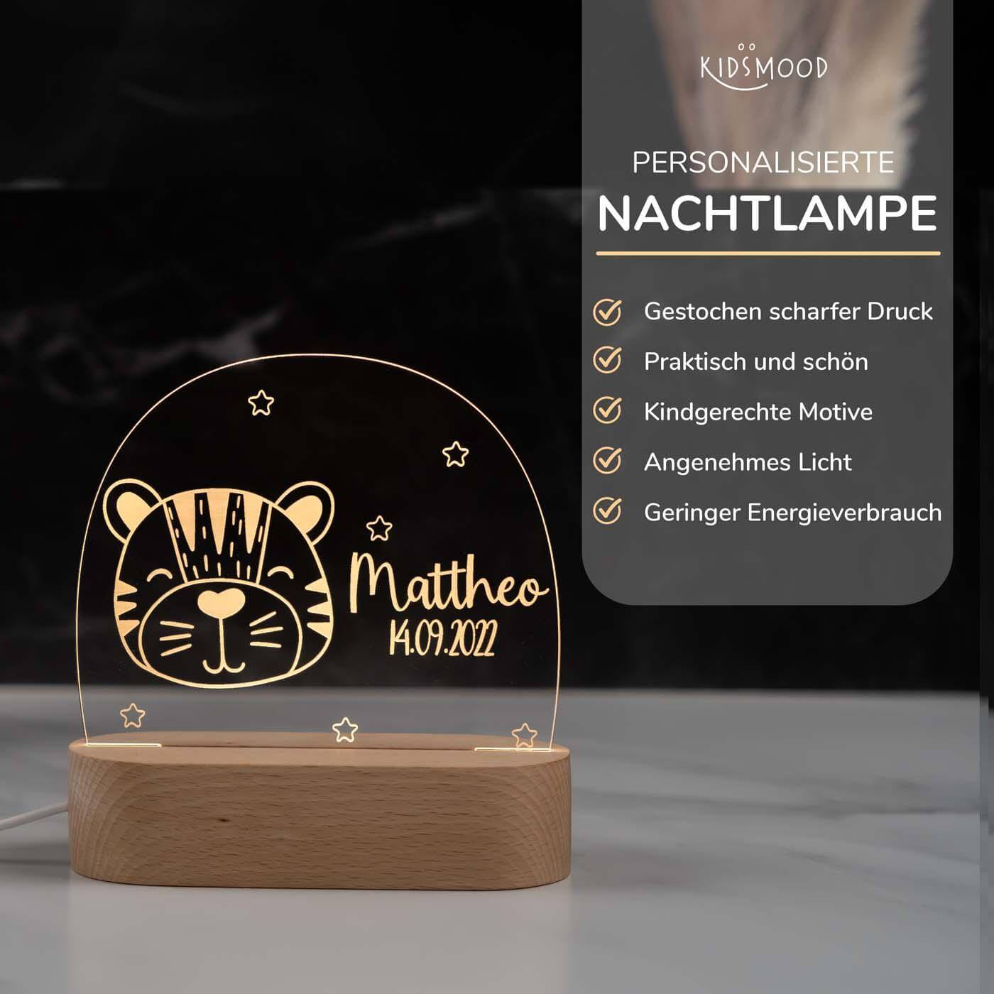 Personalisierte Nachtlampe für Kinder - Tiger - Name und Geburtsdatum