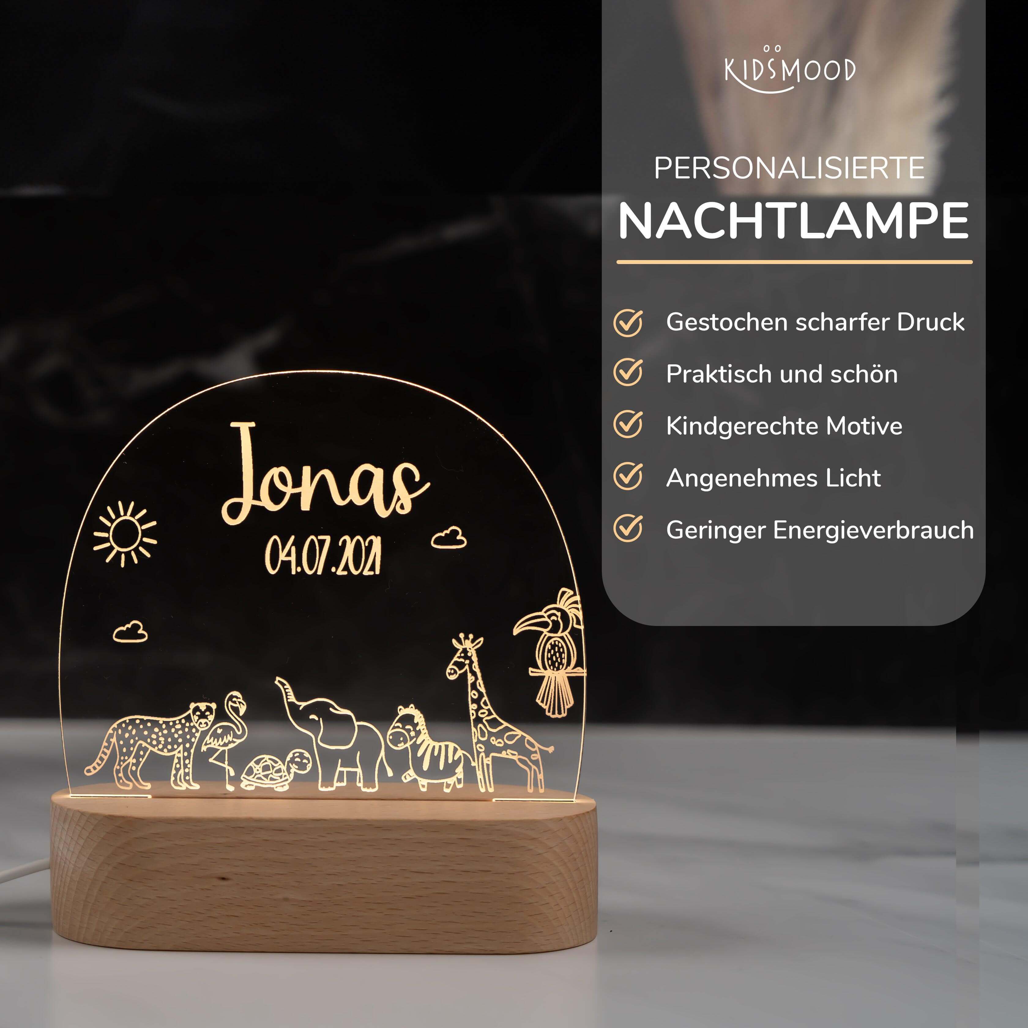 Personalisierte Nachtlampe für Kinder - Safari - Name und Geburtsdatum