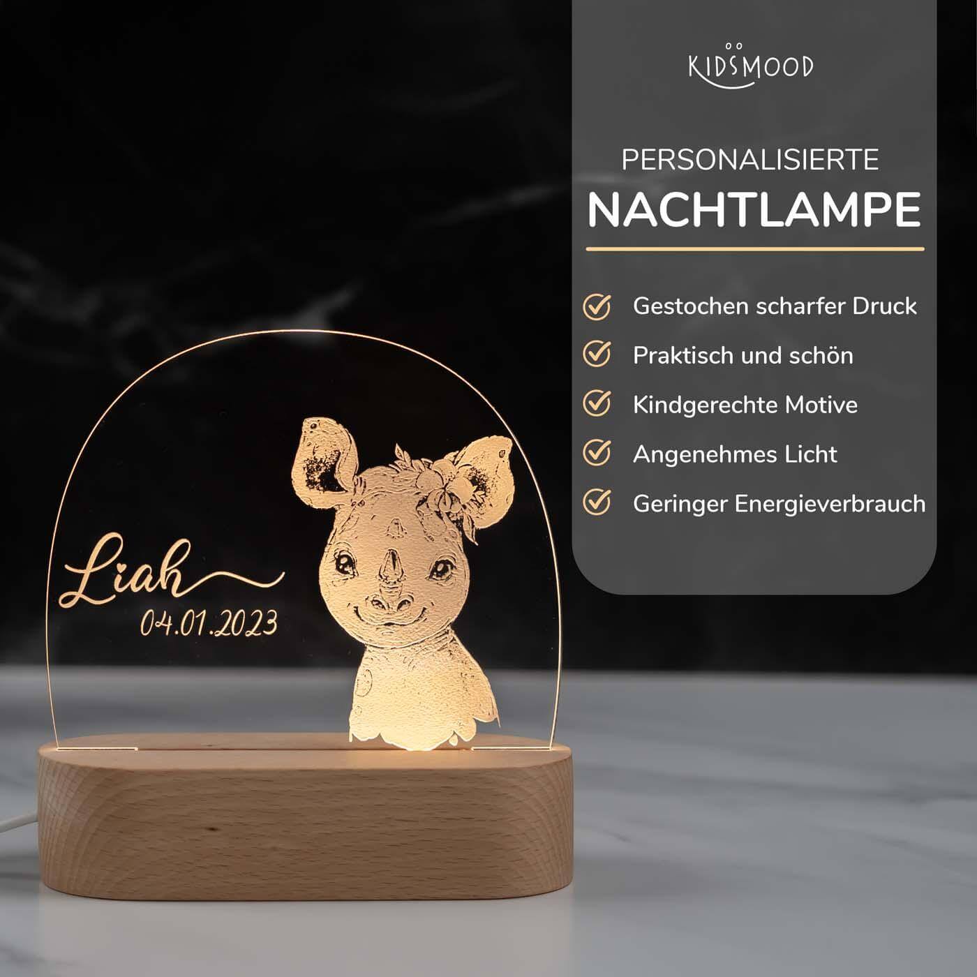 Personalisierte Nachtlampe für Kinder - Baby Nashorn - Name und Geburtsdatum