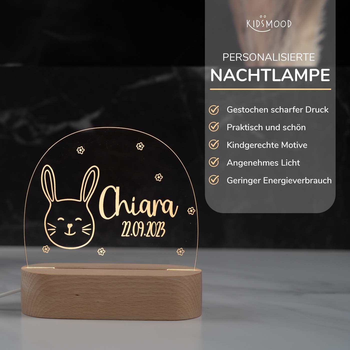 Personalisierte Nachtlampe für Kinder - Happy Hase - Name und Geburtsdatum