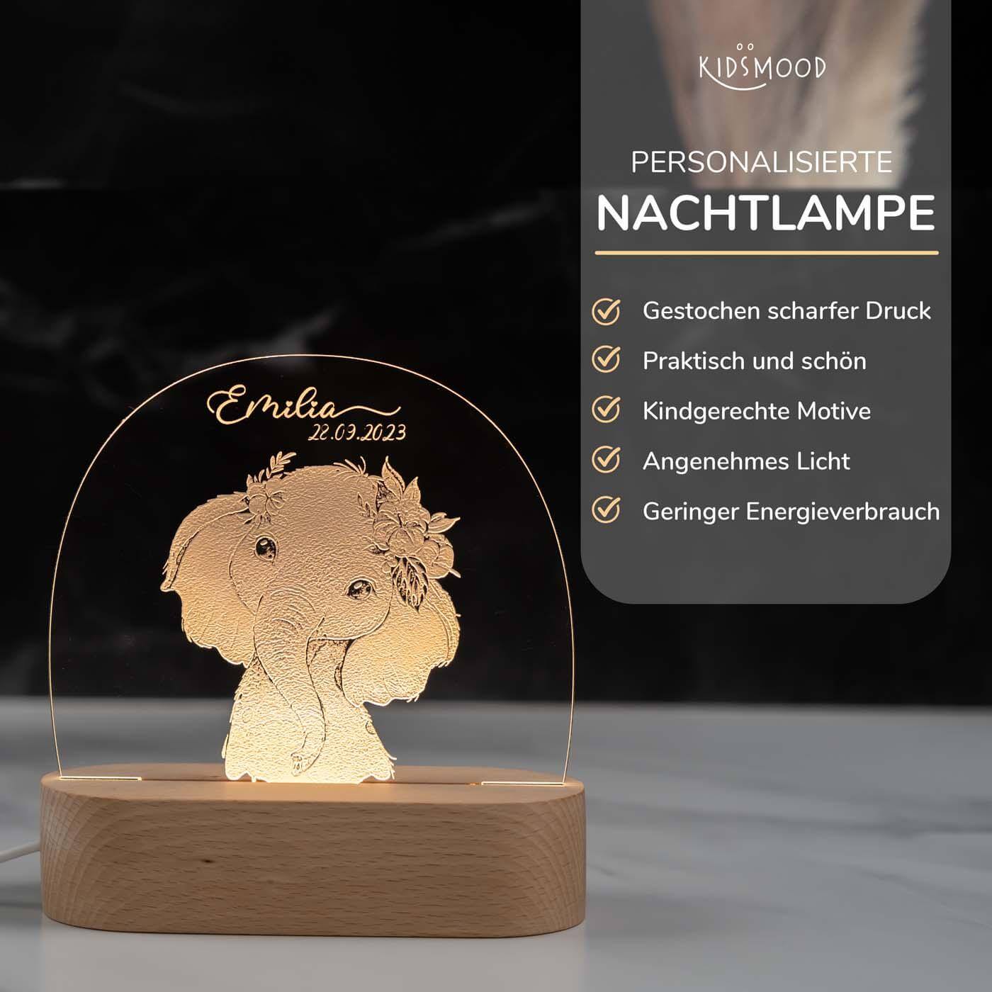 Personalisierte Nachtlampe für Kinder - Elefant - Name und Geburtsdatum