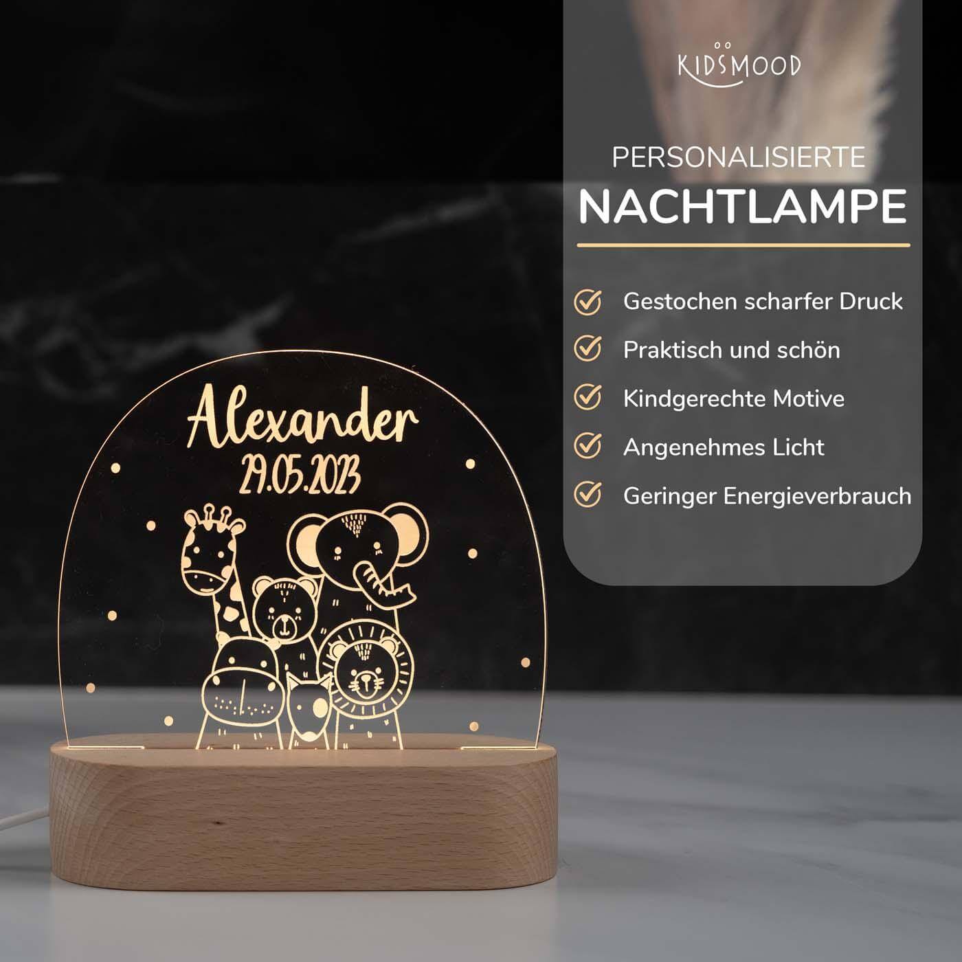 Personalisierte Nachtlampe für Kinder - Tierfreunde - Name und Geburtsdatum