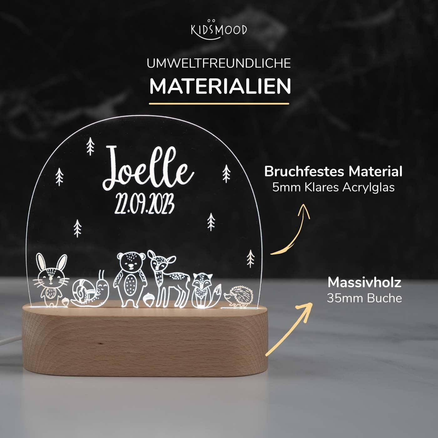 Personalisierte Nachtlampe für Kinder - Baby Waldtiere - Name und Geburtsdatum