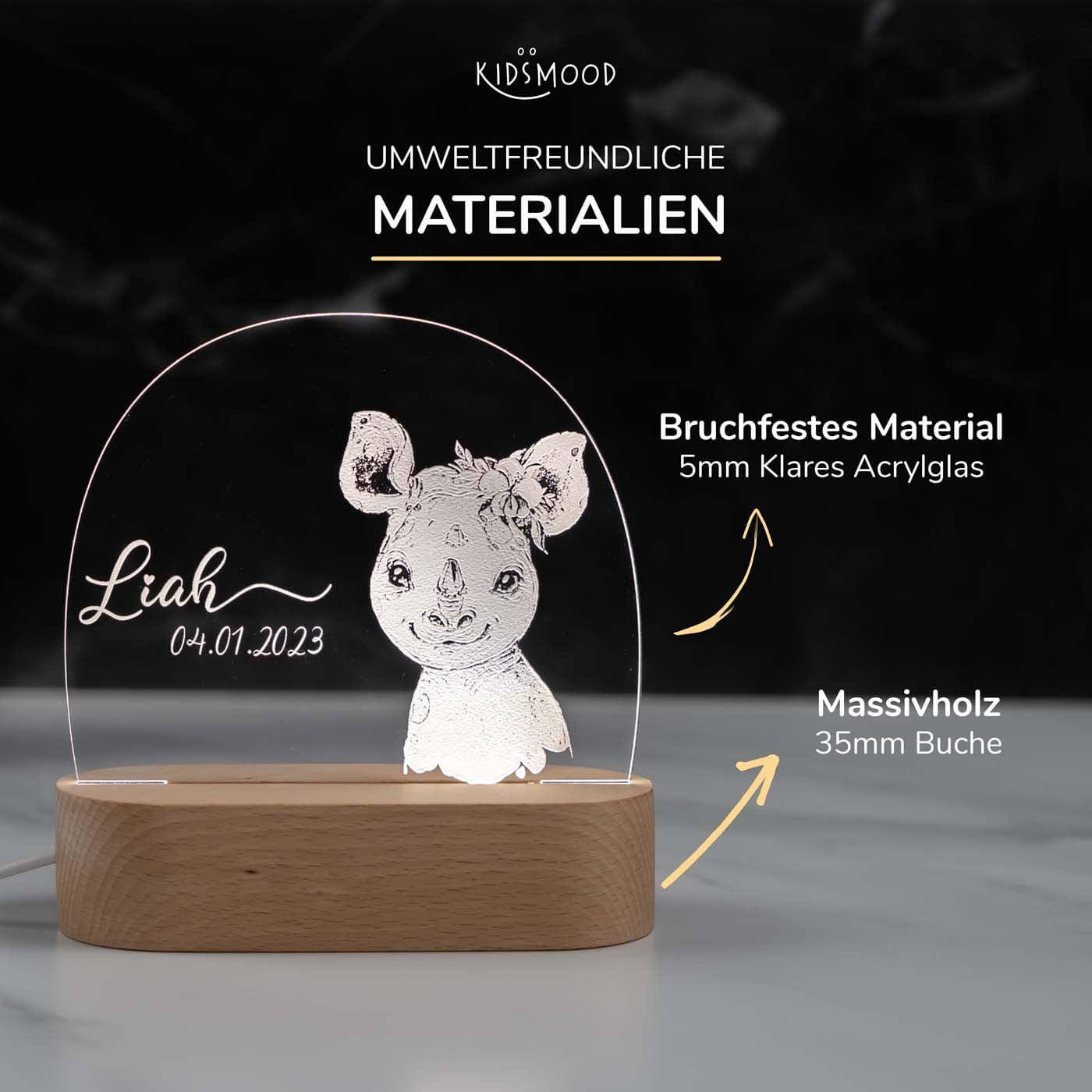 Personalisierte Nachtlampe für Kinder - Baby Nashorn - Name und Geburtsdatum