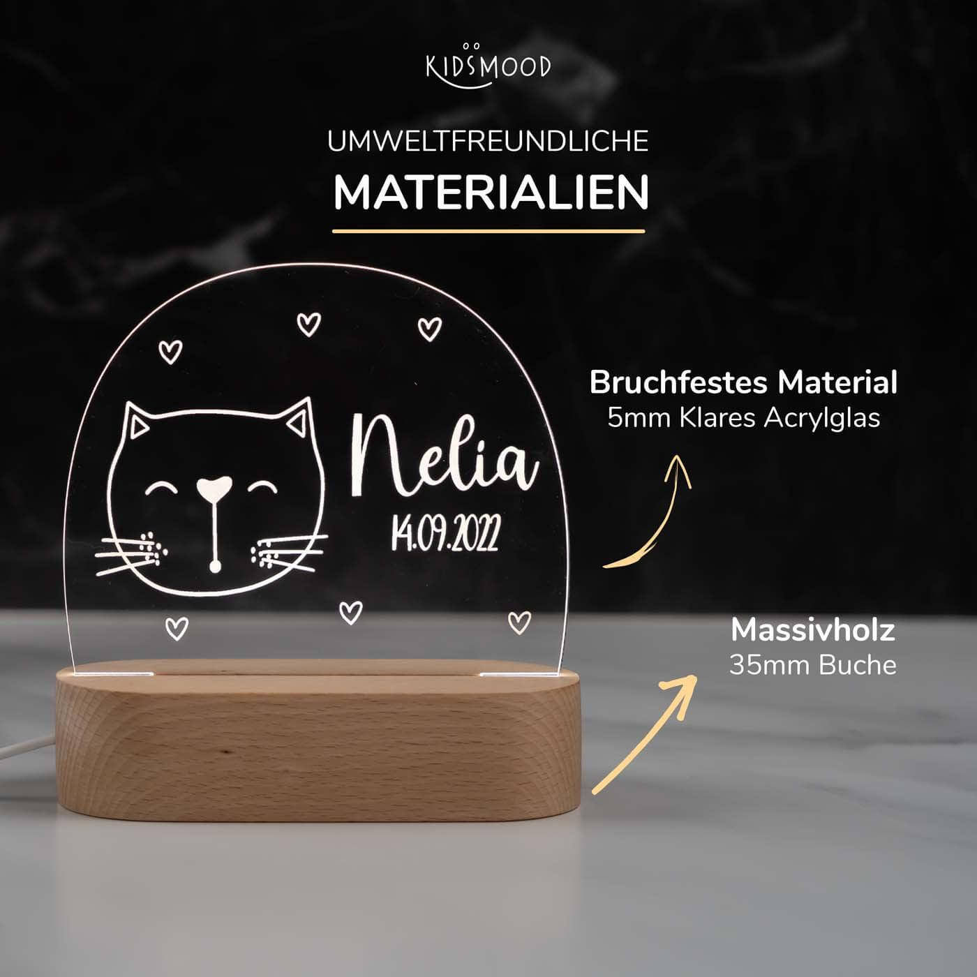 Personalisierte Nachtlampe für Kinder - Kater - Name und Geburtsdatum