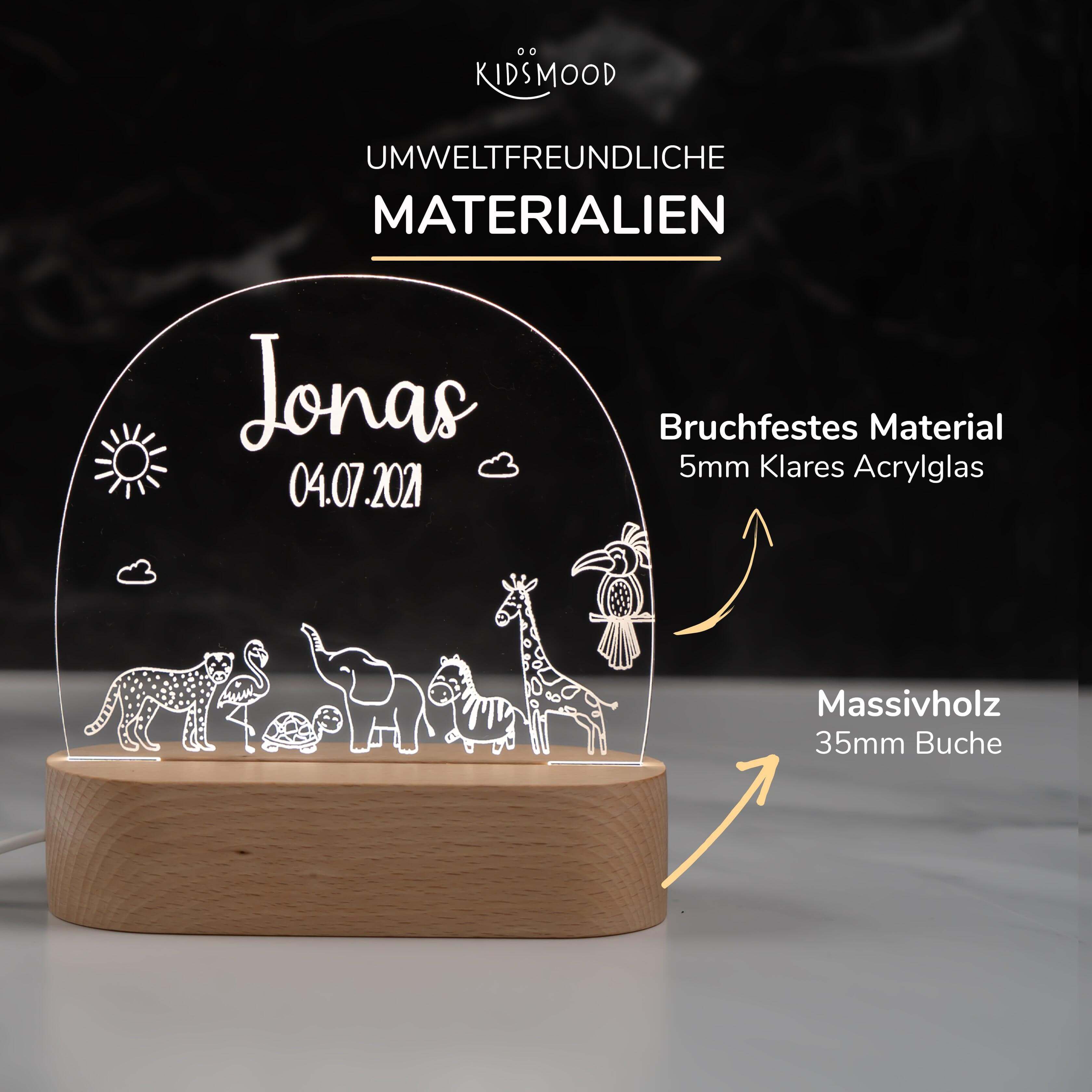 Personalisierte Nachtlampe für Kinder - Safari - Name und Geburtsdatum