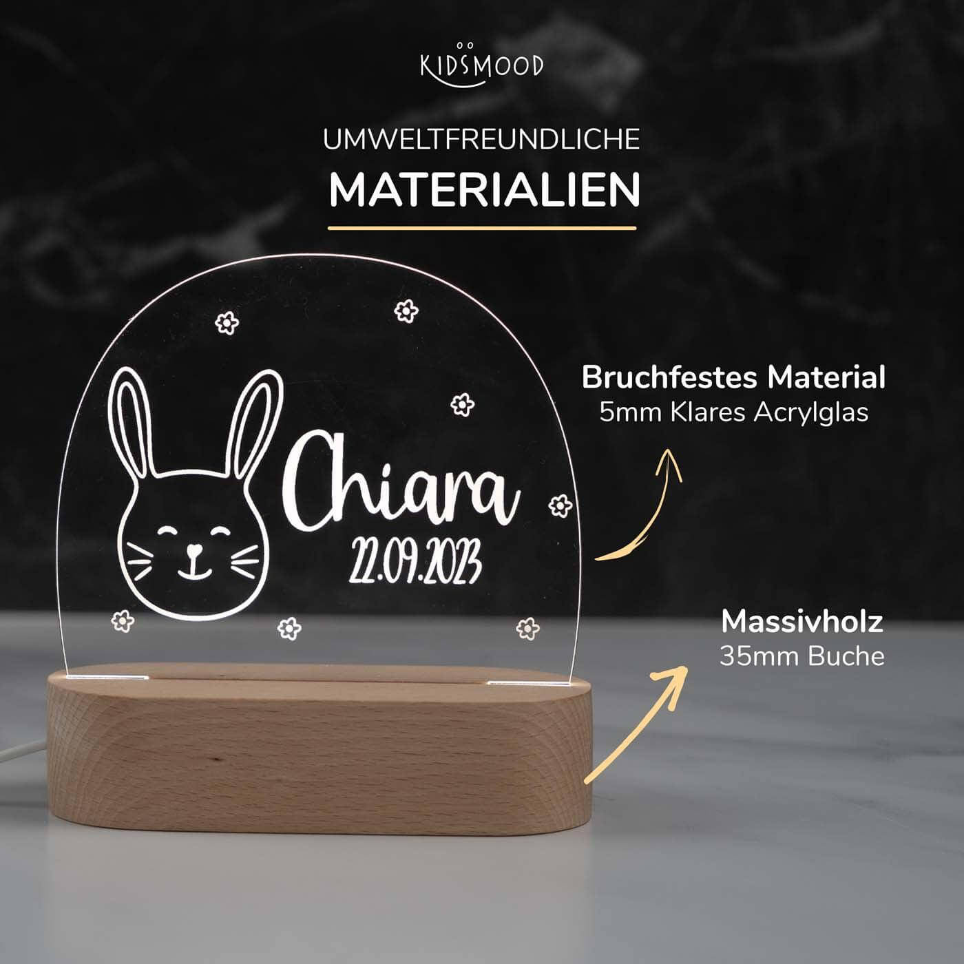 Personalisierte Nachtlampe für Kinder - Happy Hase - Name und Geburtsdatum