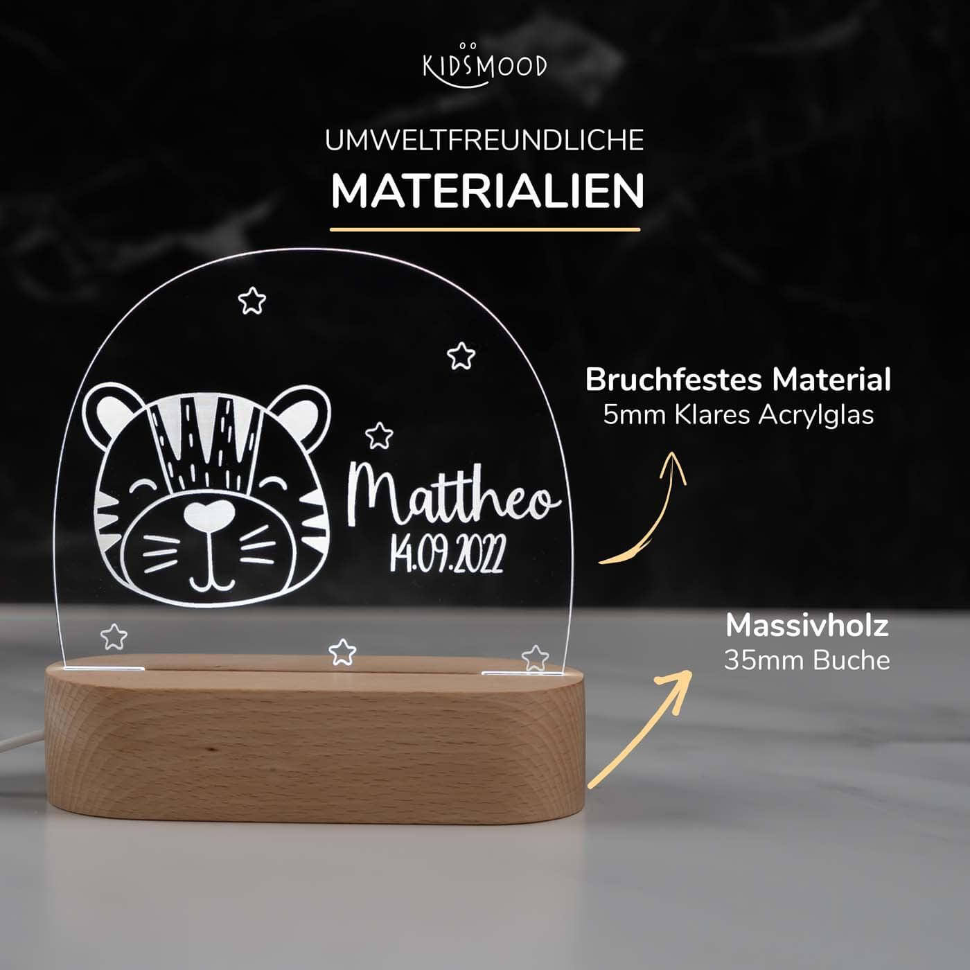 Personalisierte Nachtlampe für Kinder - Tiger - Name und Geburtsdatum