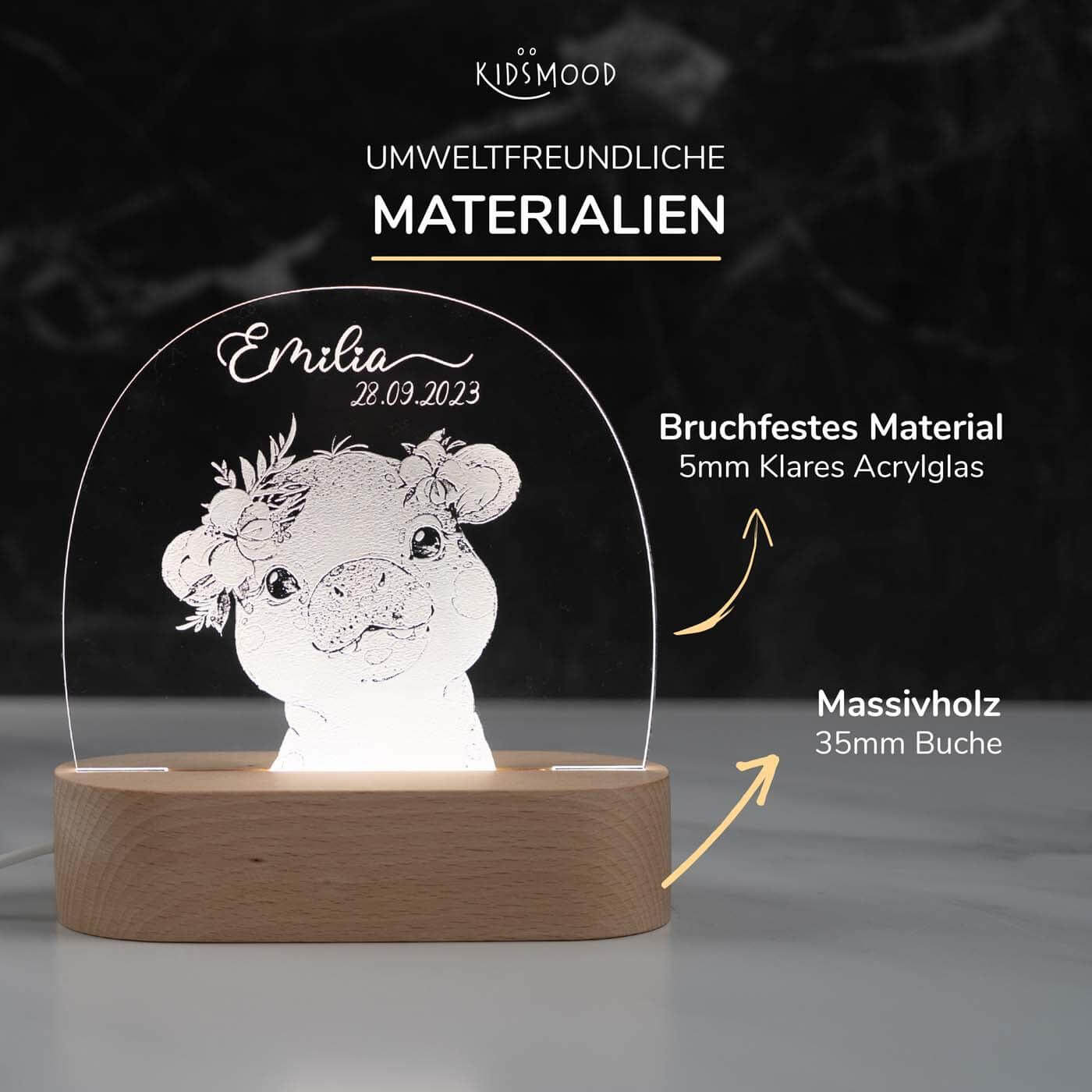 Personalisierte Nachtlampe für Kinder - Nilpferd - Name und Geburtsdatum