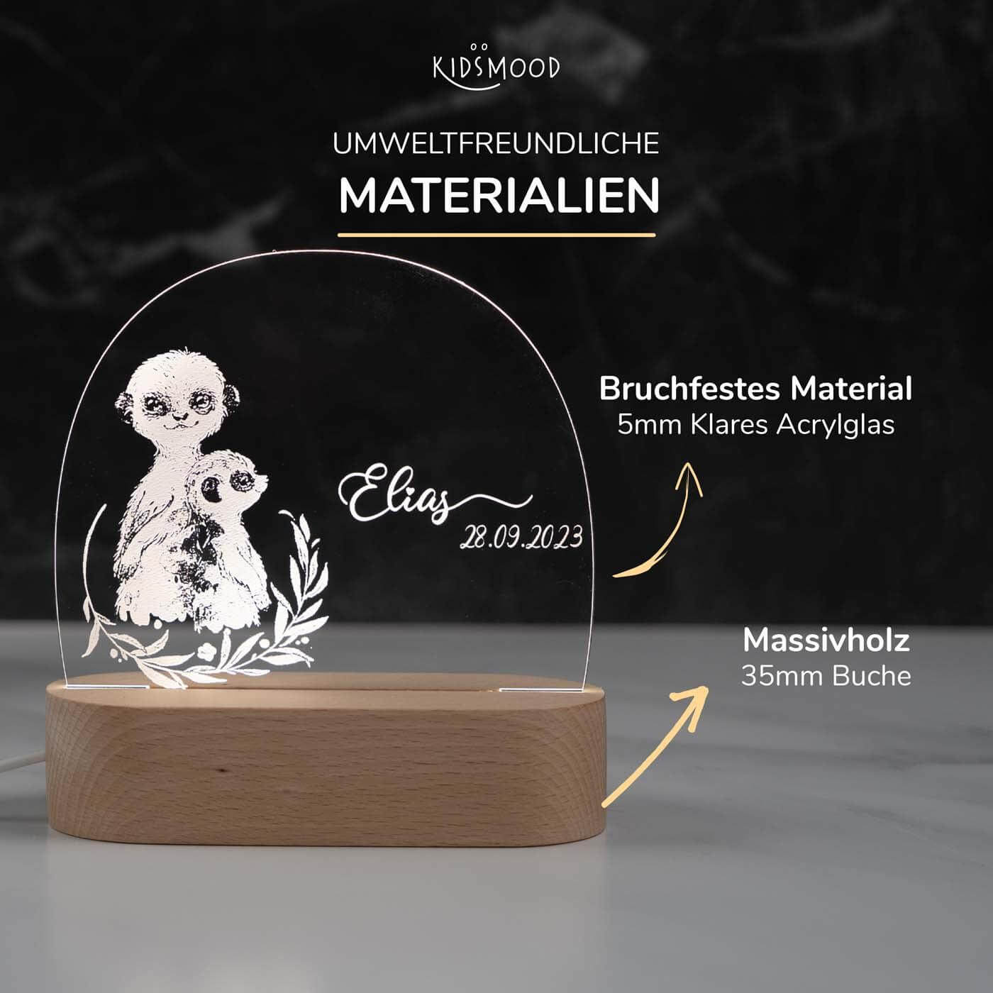 Personalisierte Nachtlampe für Kinder - Erdmännchen - Name und Geburtsdatum