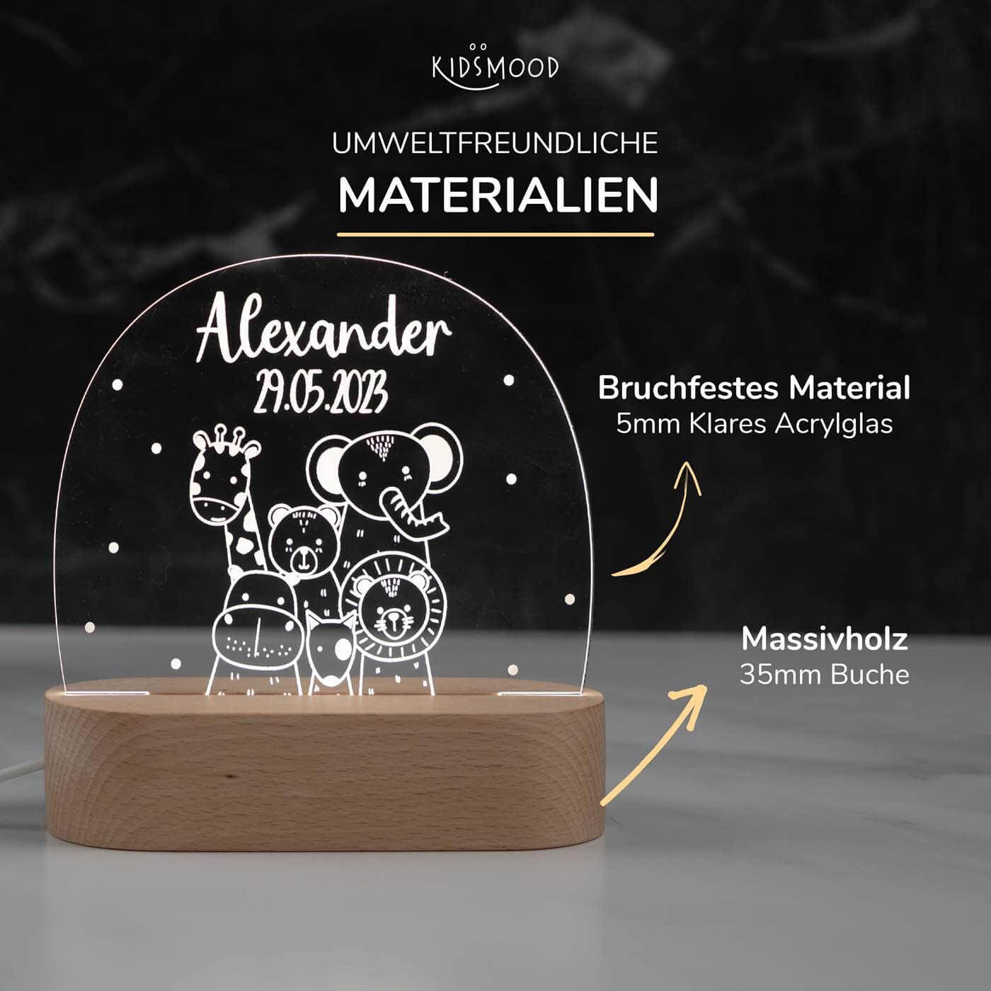 Personalisierte Nachtlampe für Kinder - Tierfreunde - Name und Geburtsdatum
