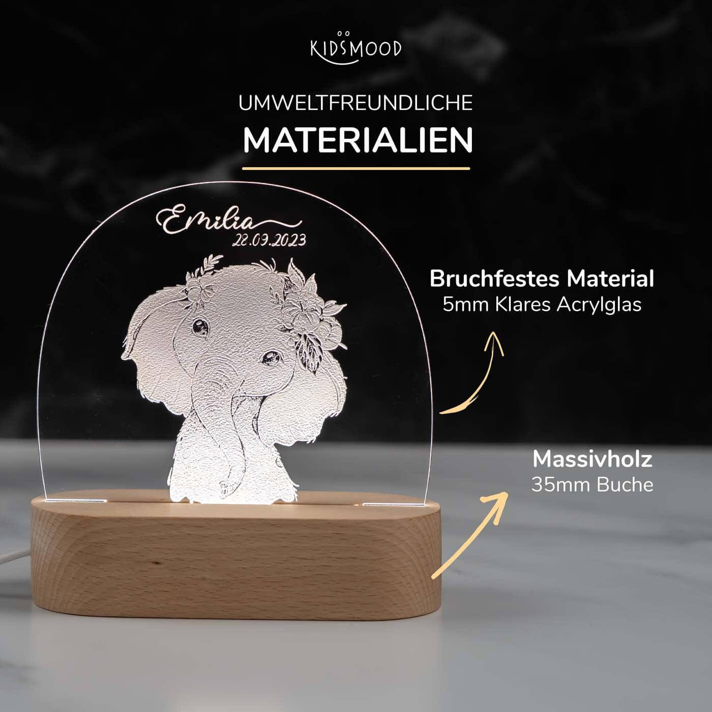 Personalisierte Nachtlampe für Kinder - Elefant - Name und Geburtsdatum