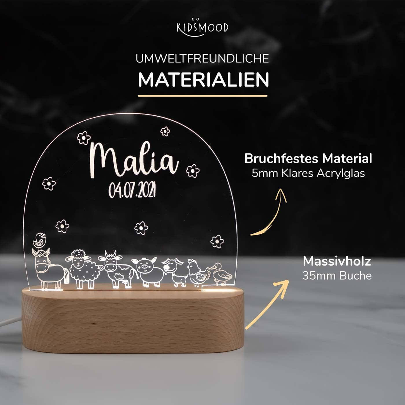 Personalisierte Nachtlampe für Kinder - Bauernhof - Name und Geburtsdatum
