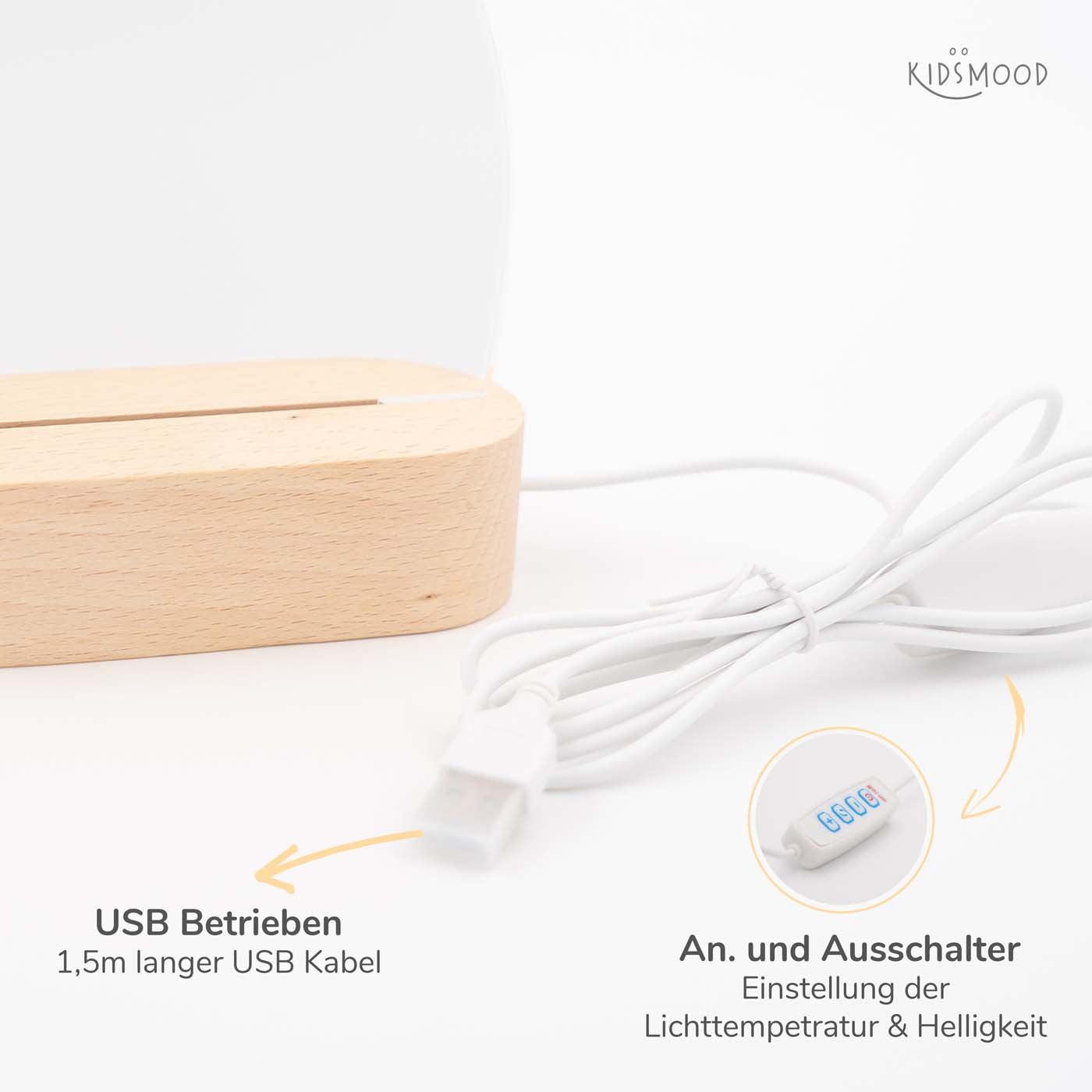 detailansicht der gravur auf der nachtlampe mit baby waldtiere und geburtsdatum