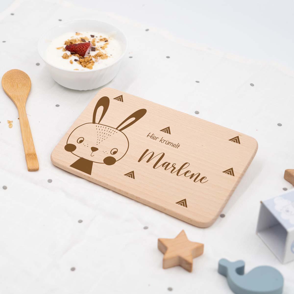 engraved breakfast board with rabbit and custom name
