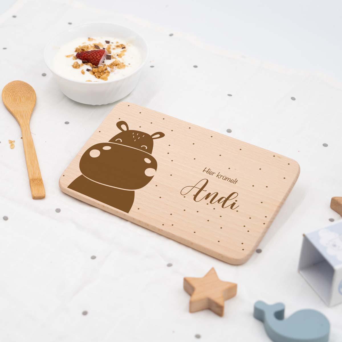 custom wooden breakfast board with hippo design