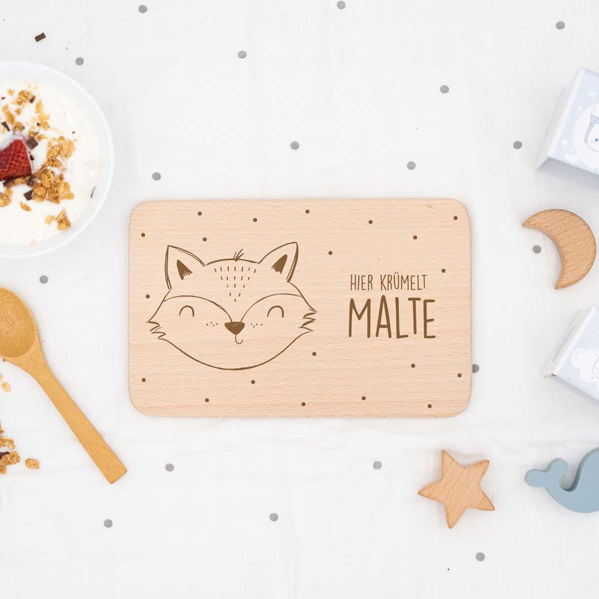 Personalisiertes Frühstücksbrettchen Fröhlicher Fuchs