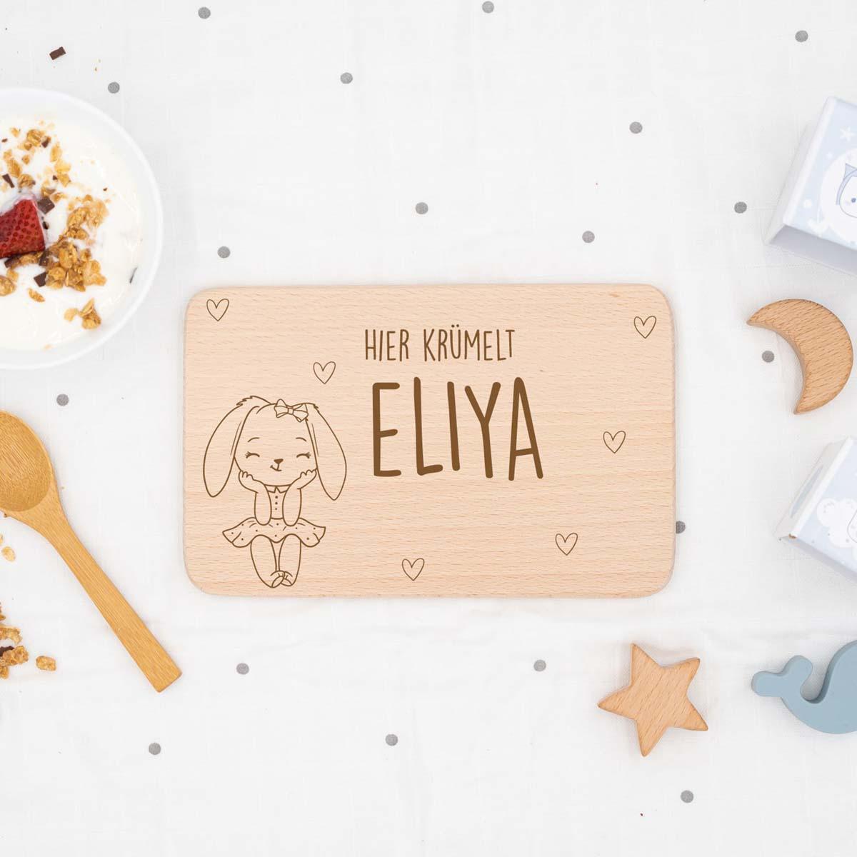 handcrafted breakfast board with personalized rabbit engraving