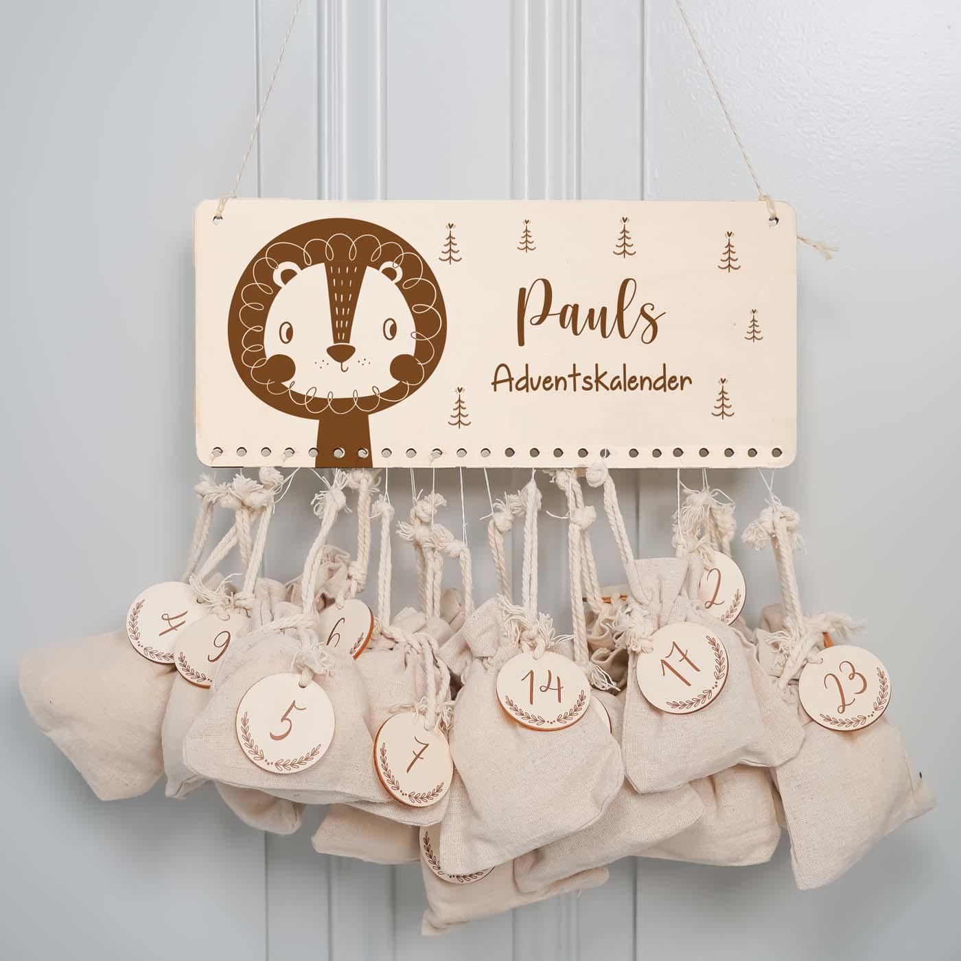 handcrafted advent calendar with personalized lion engraving