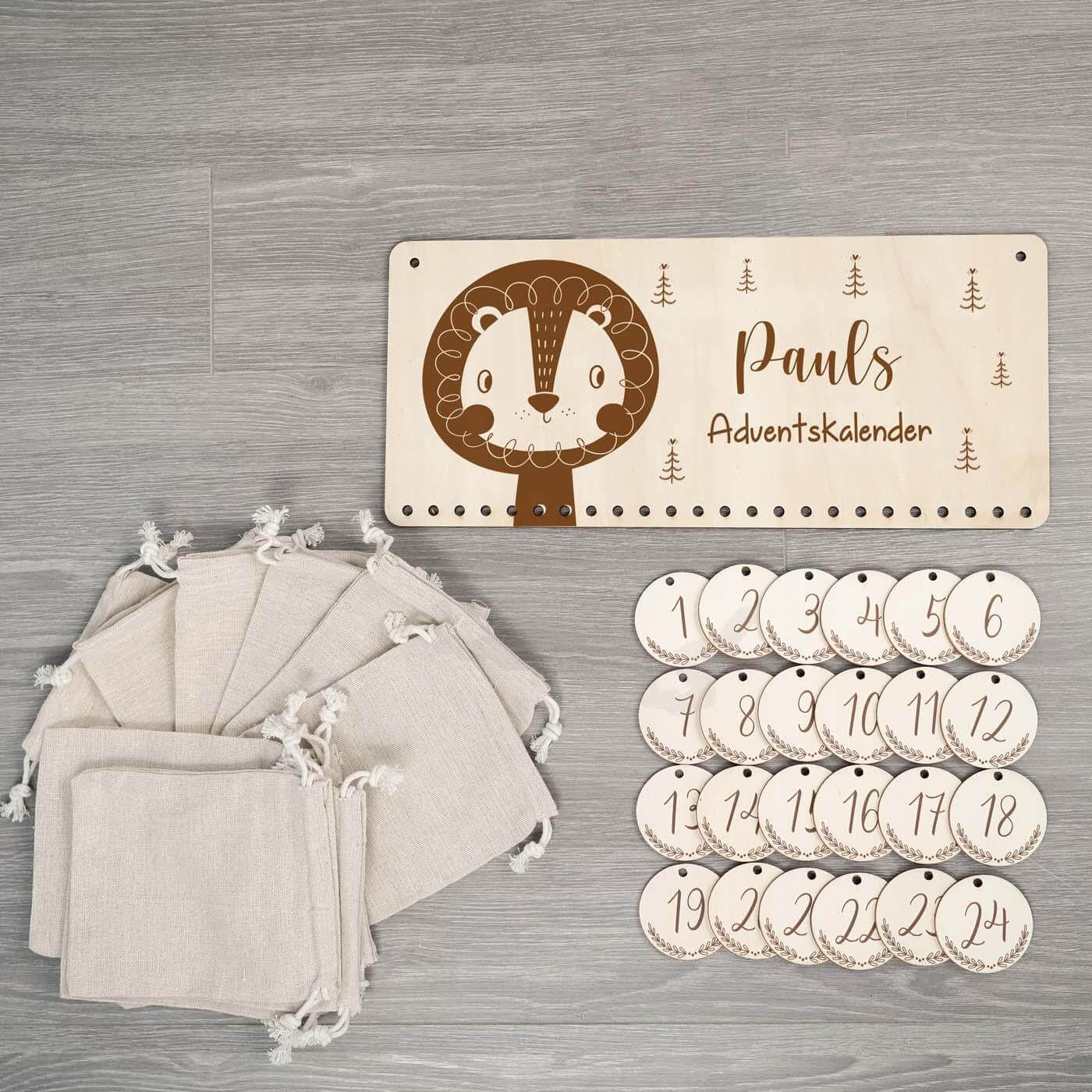 wooden advent calendar with personalized lion design