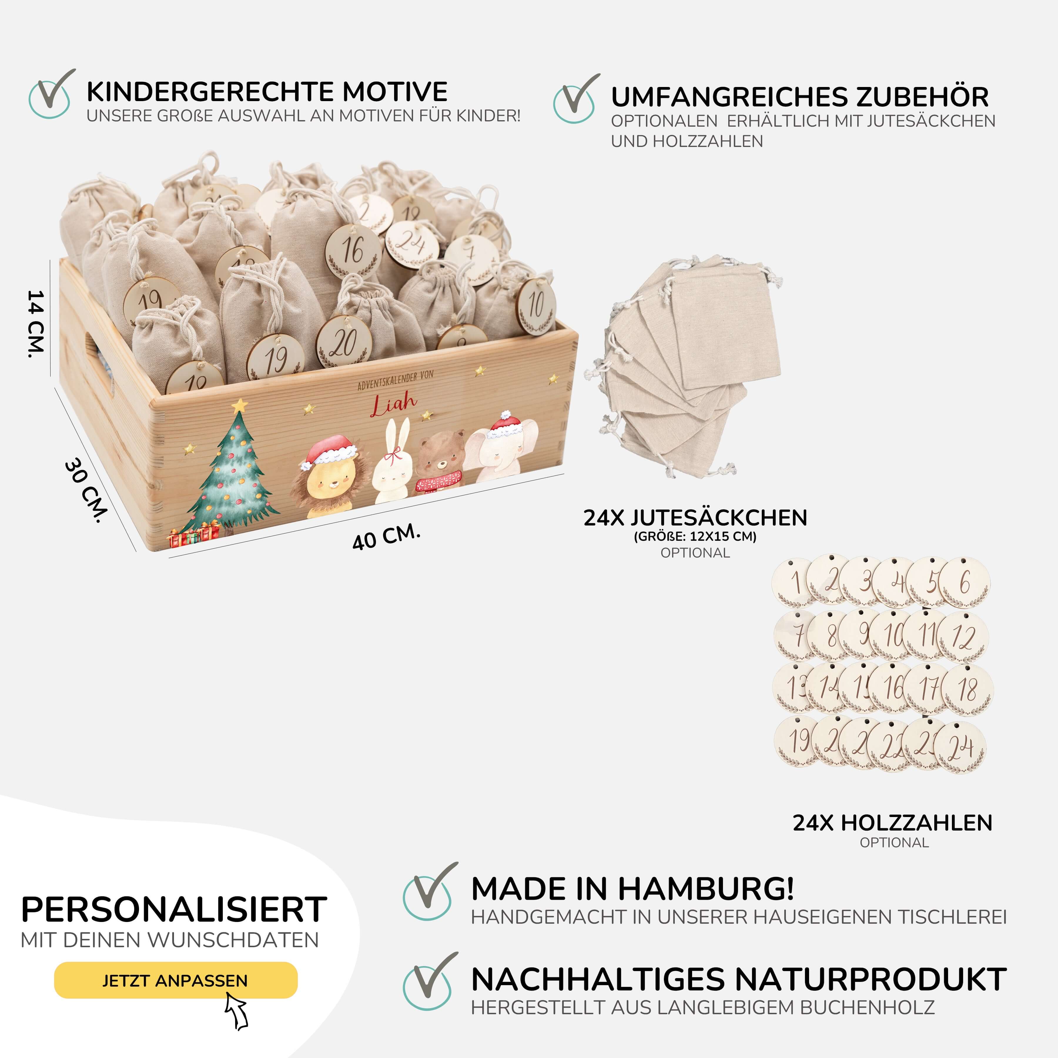 Adventskiste zum befüllen "Weihnachten mit weihnachtlichem Tiertrio" personalisiert