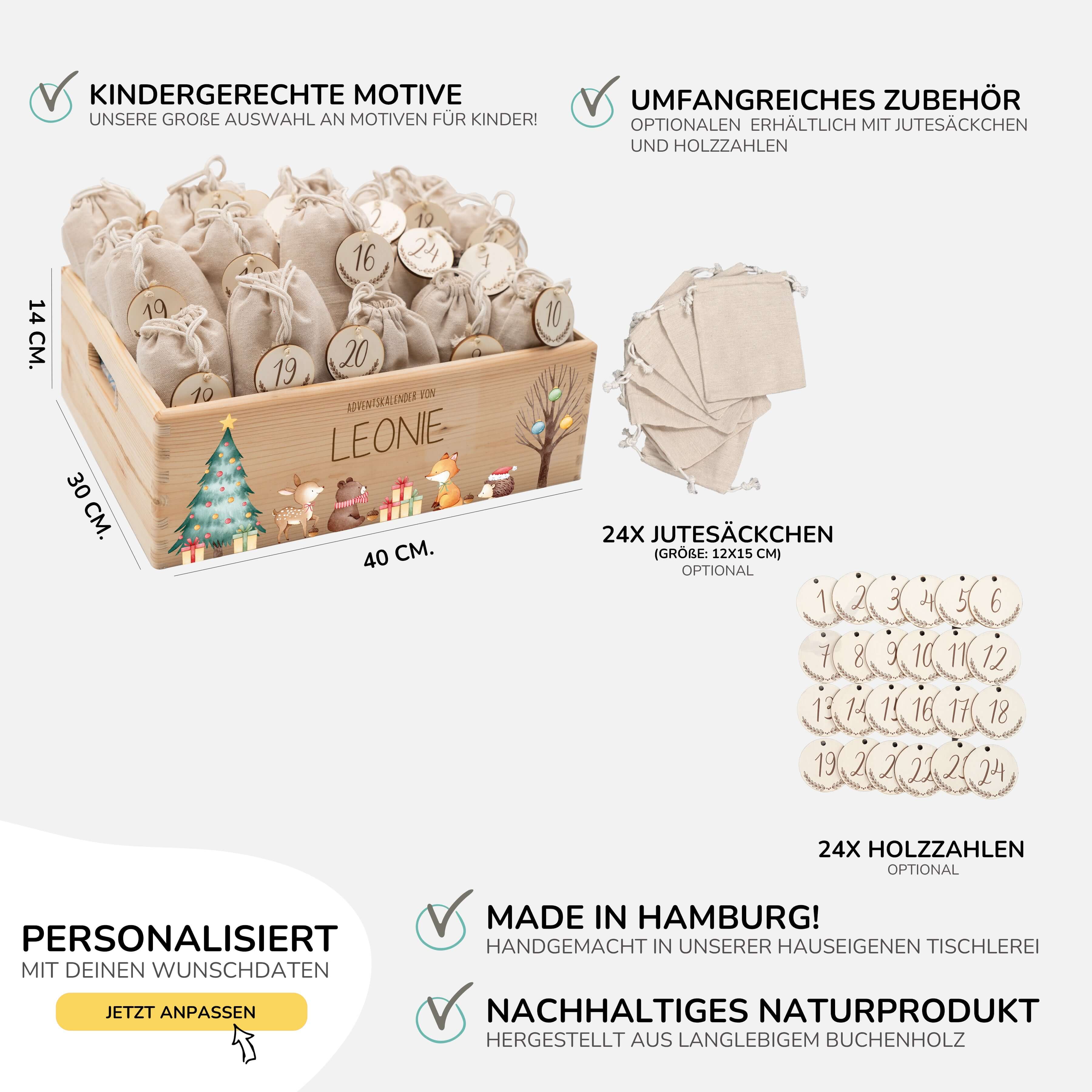 Adventskiste zum befüllen "Waldtiere um den Weihnachtsbaum" personalisiert