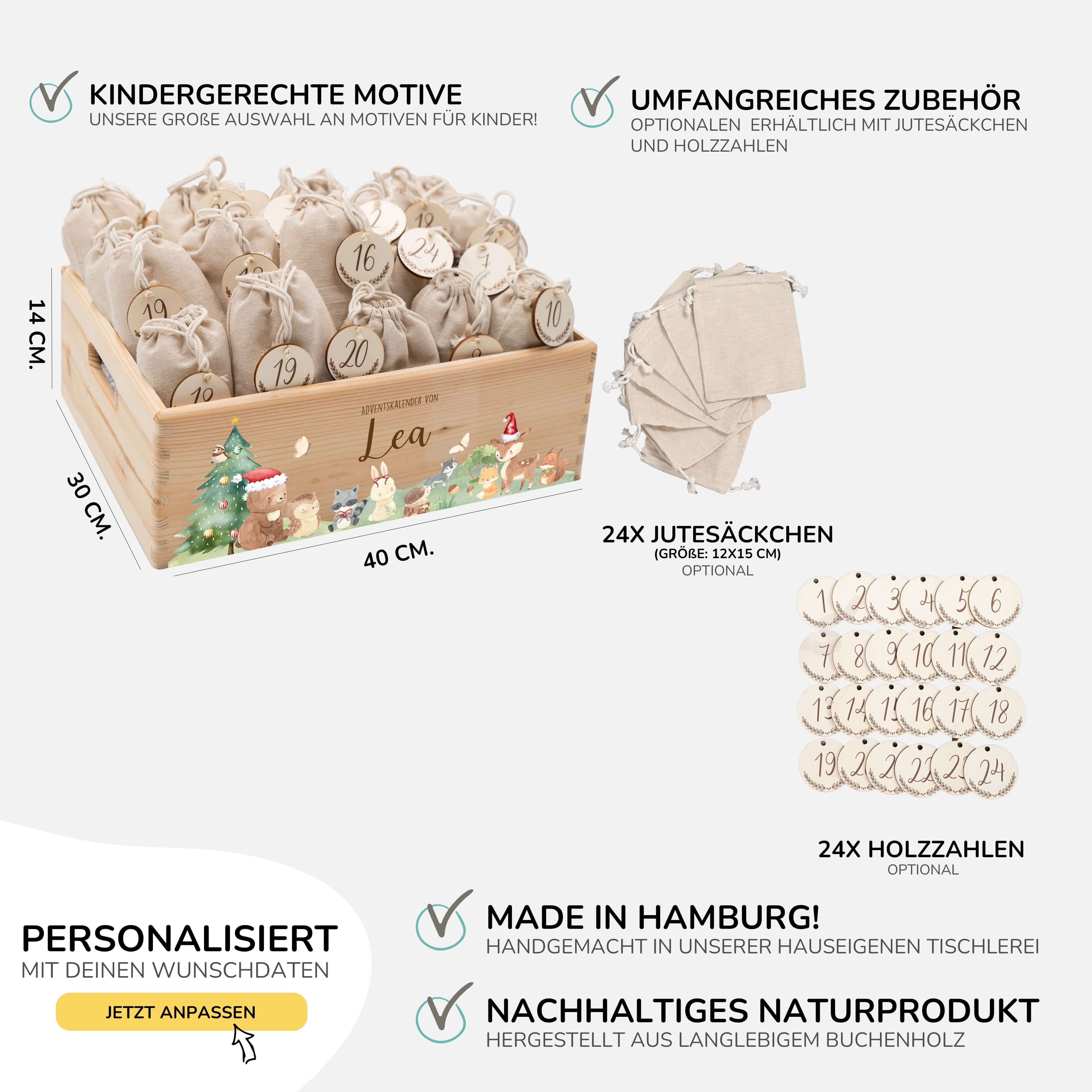 Adventskiste zum befüllen "Weihnachten mit winterlichen Tierfreunden" personalisiert