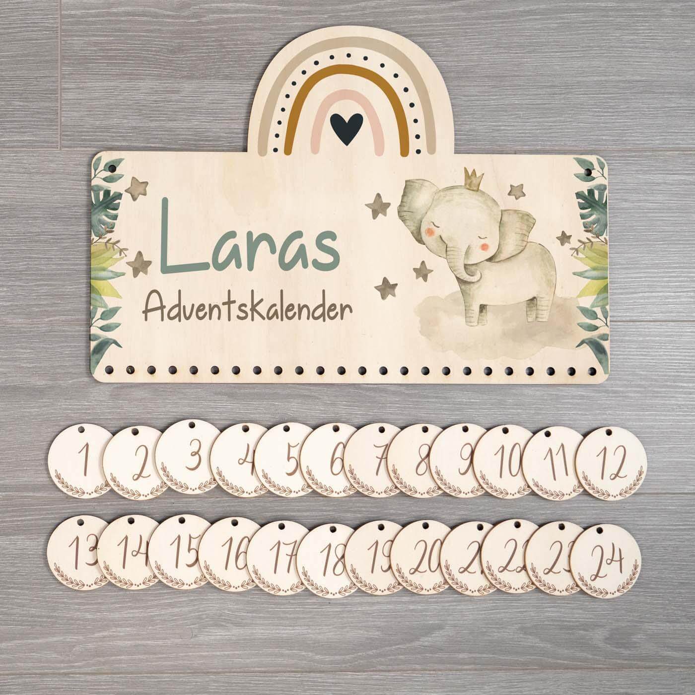 high-quality advent calendar with elephant design and custom name