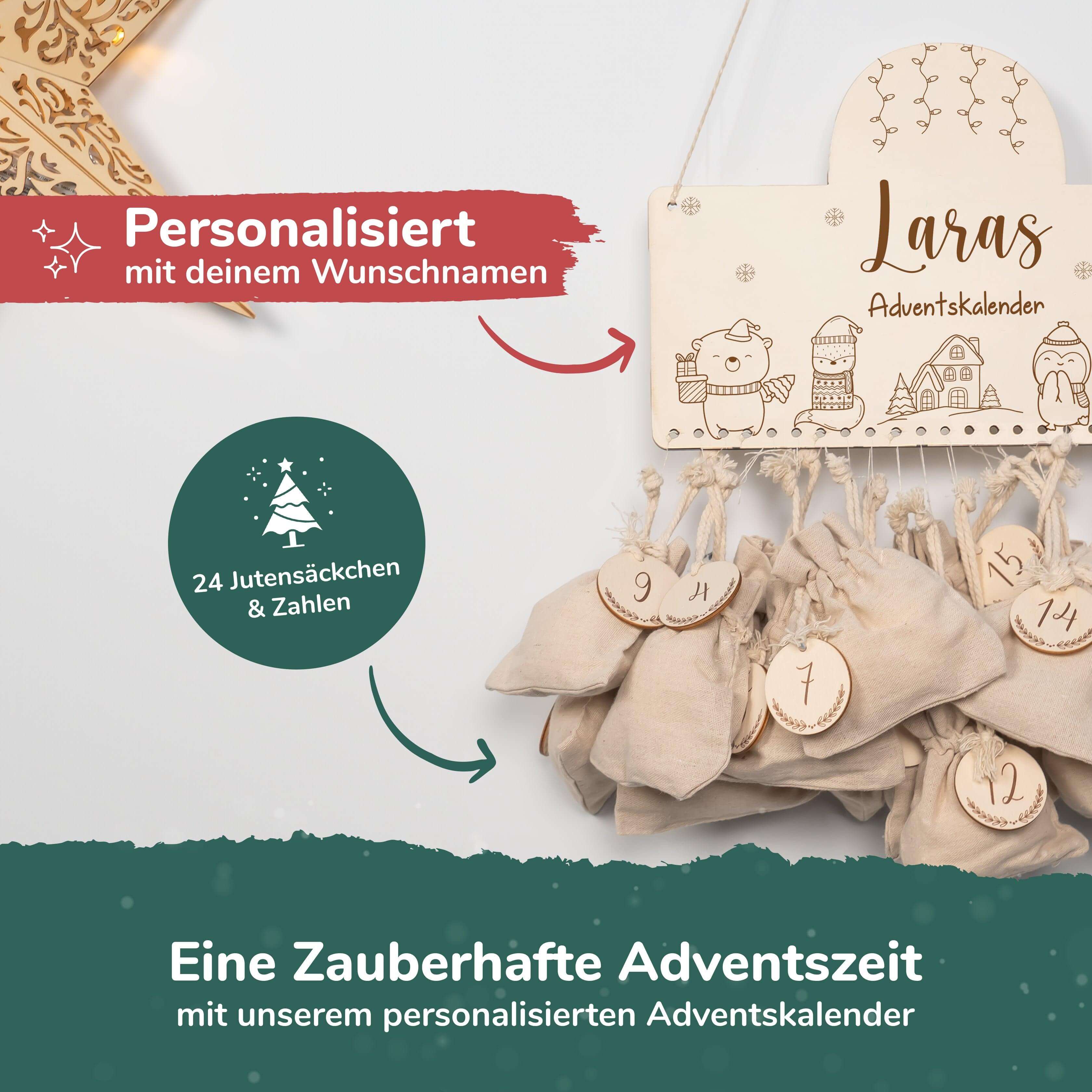 engraved advent calendar with christmas theme and custom name