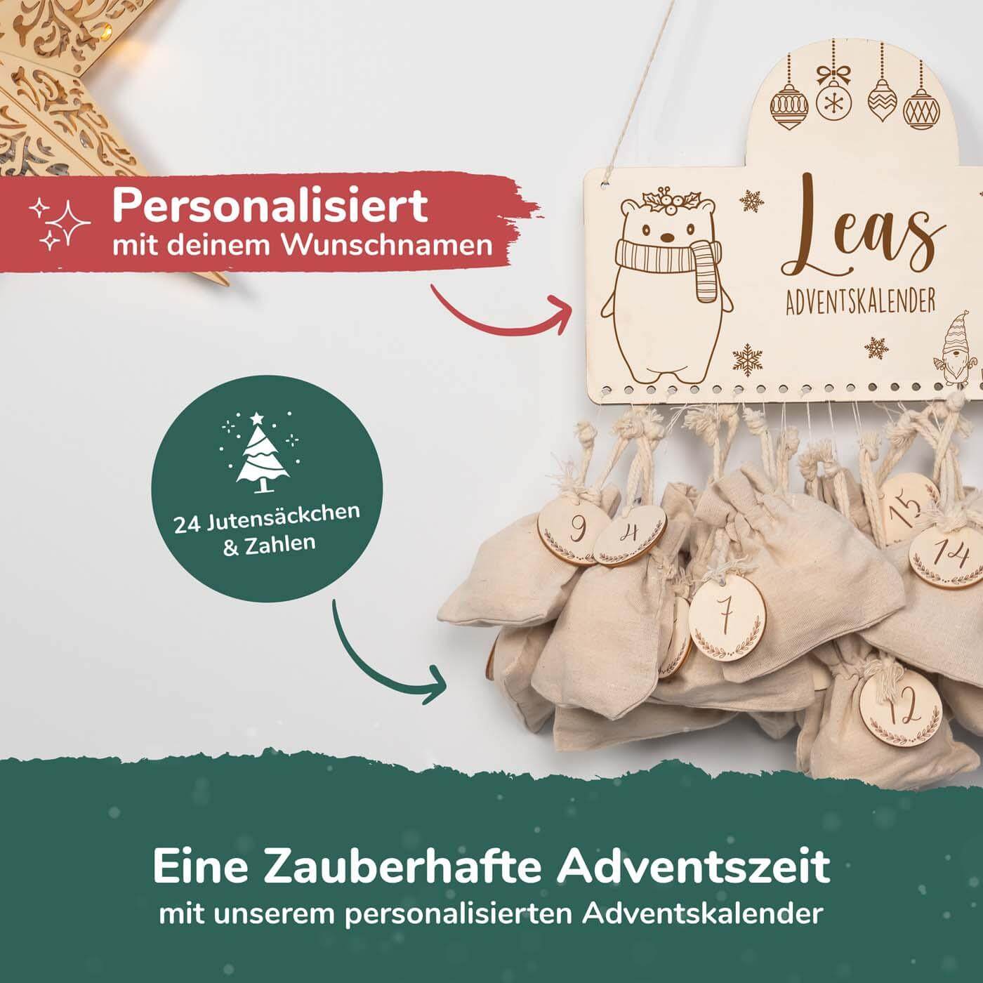 engraved advent calendar with christmas bear and custom name