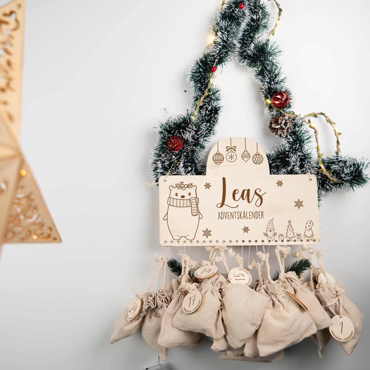 advent calendar with christmas bear and personalized name