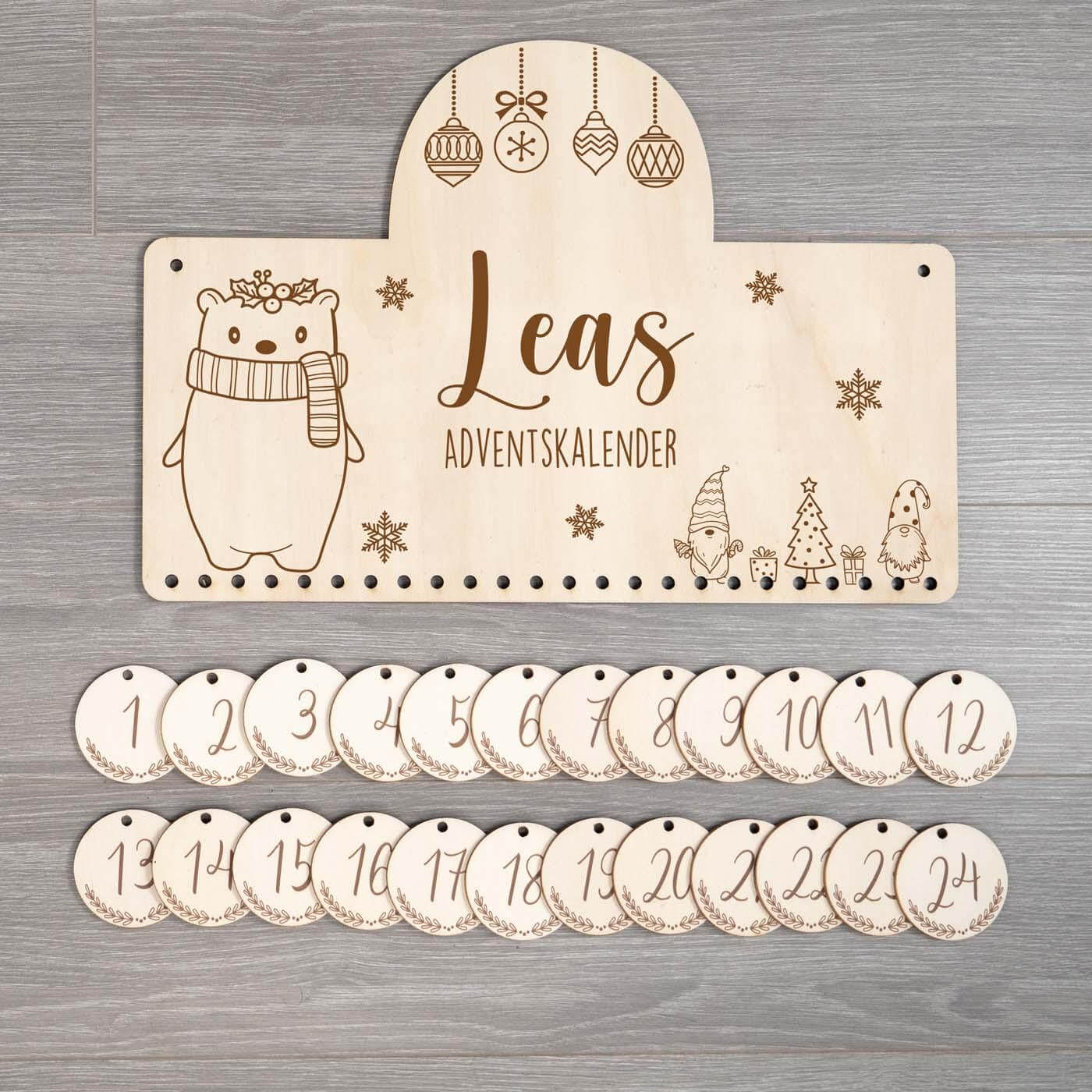 handcrafted advent calendar with christmas bear engraving