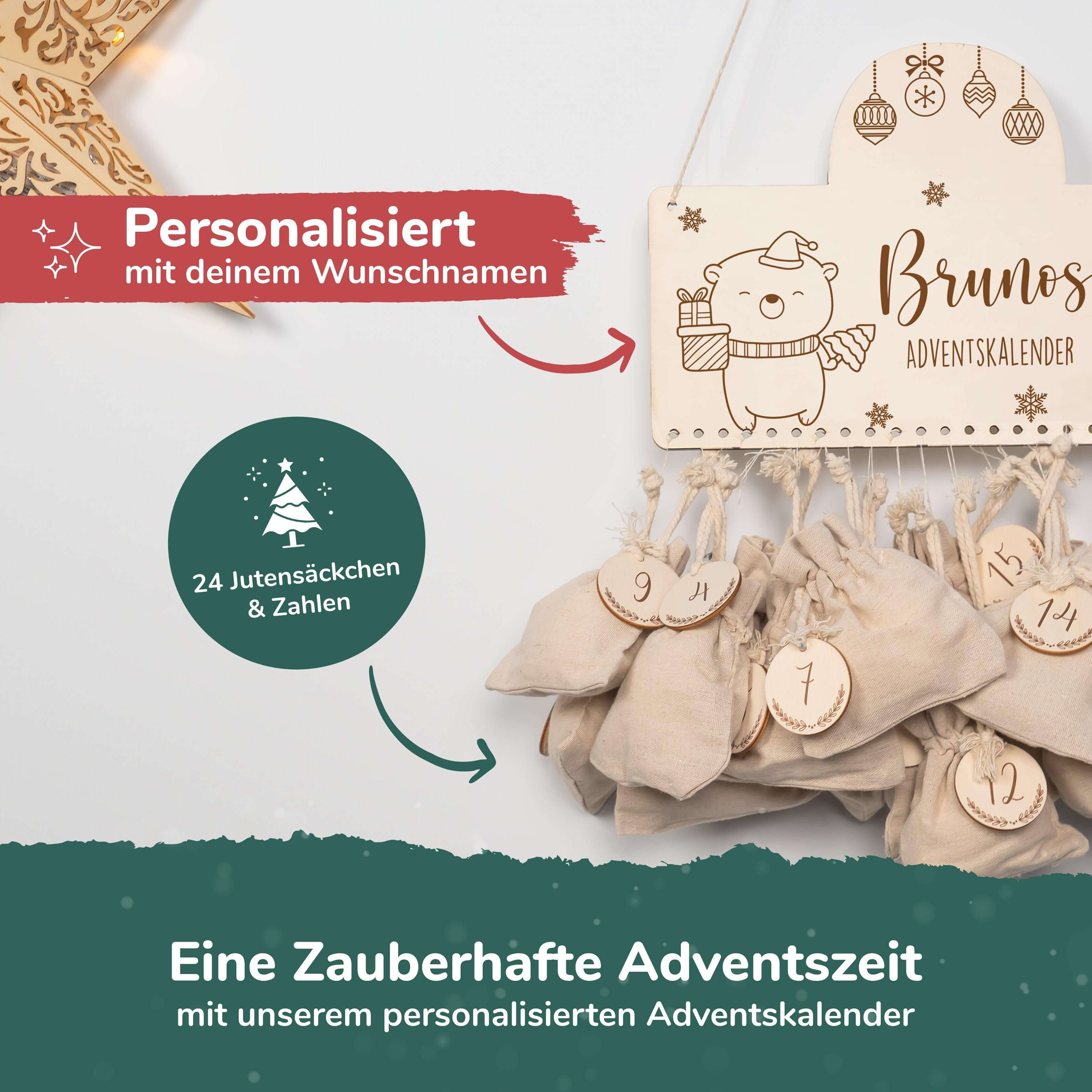 adventskalender mit chrismas bär motiv und individuellem namen