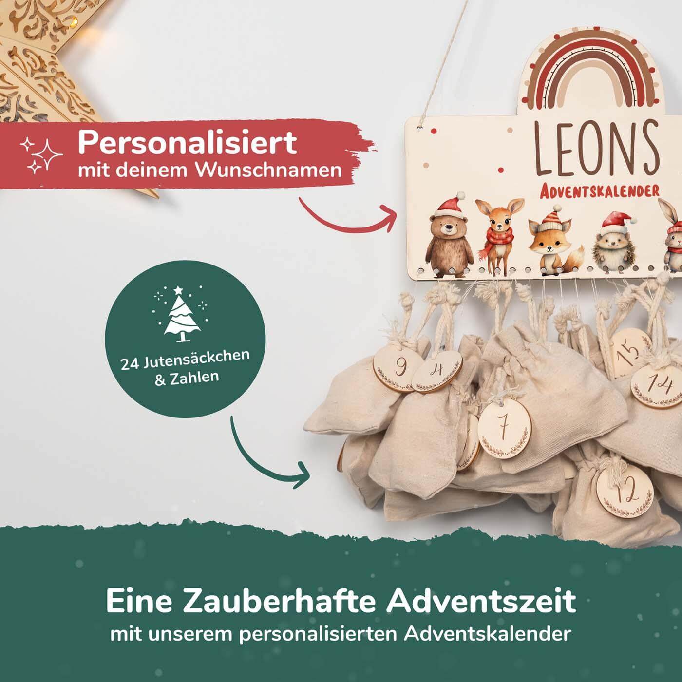 adventskalender mit tierfamilie motiv und individuellem namen