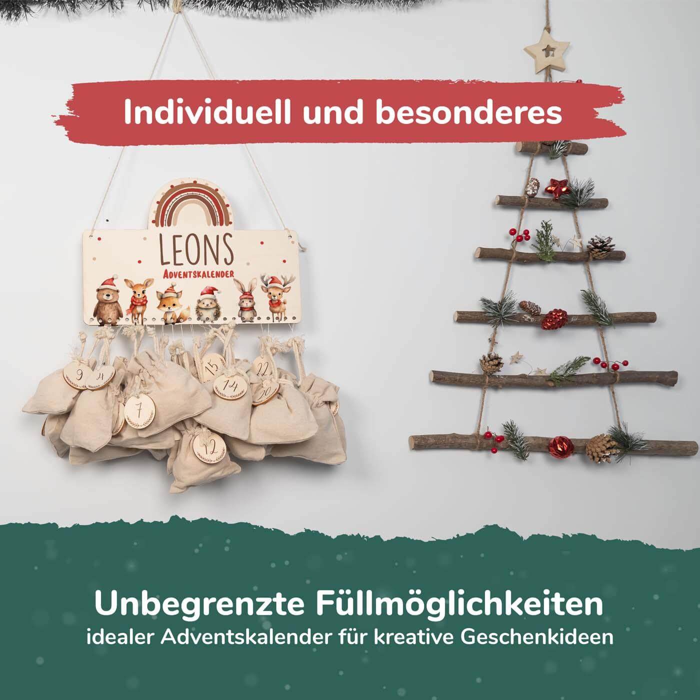 handgefertigter adventskalender mit tierfamilie gravur
