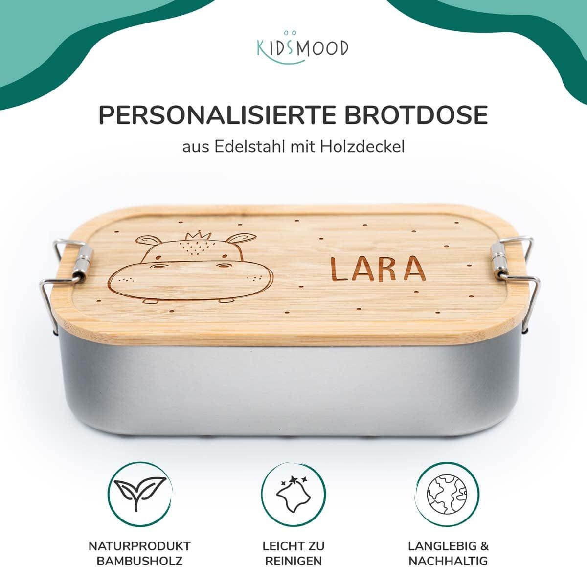 engraved lunchbox with hippopotamus and custom name