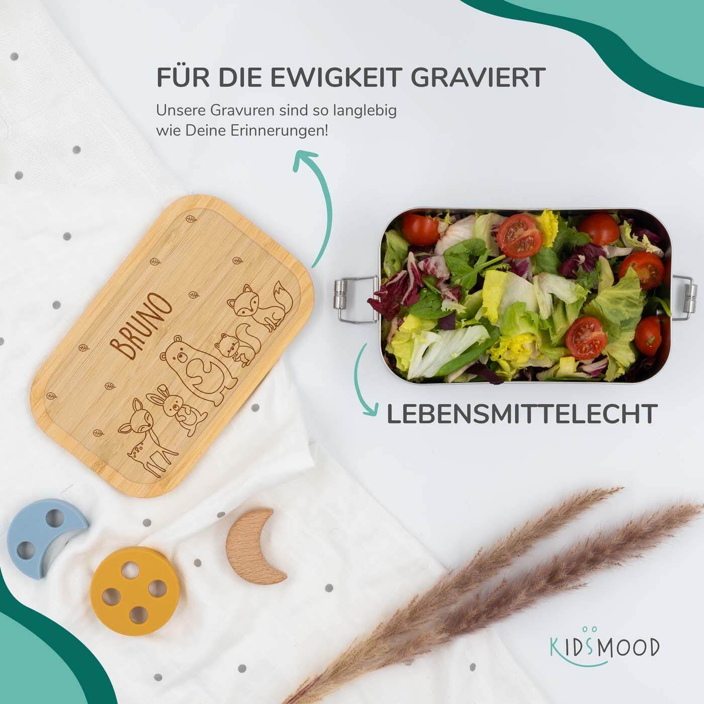 handcrafted lunchbox with forest animals engraving