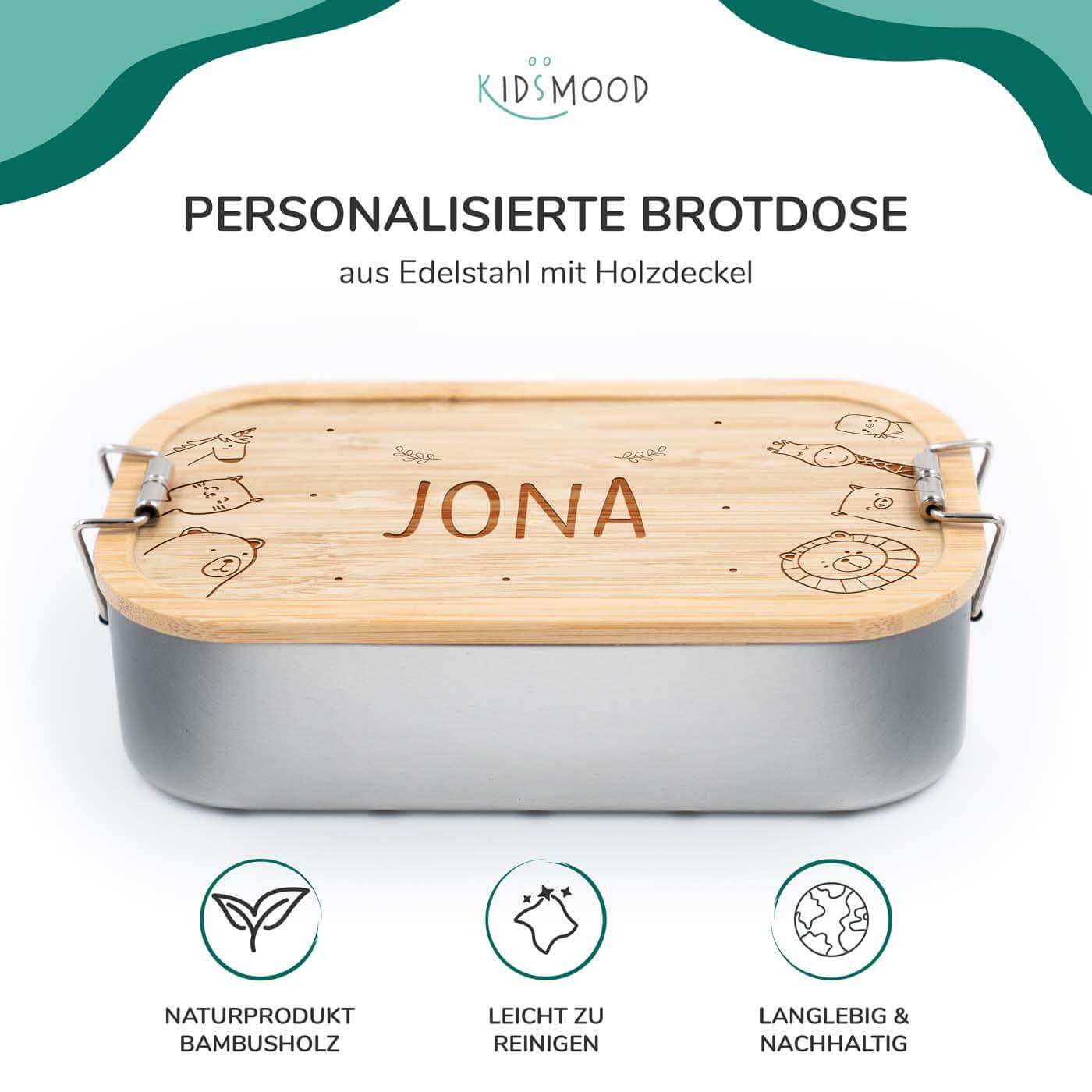 handcrafted lunchbox with animal family engraving