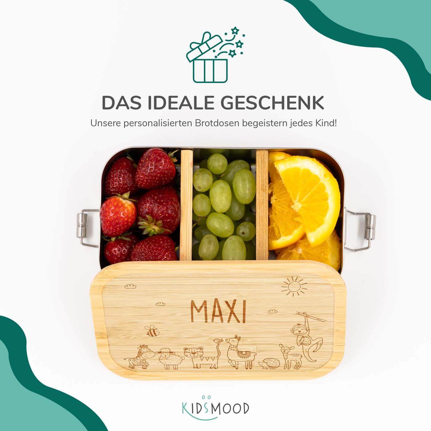 lunchbox with fröhliche tierfamilie design and personalized name