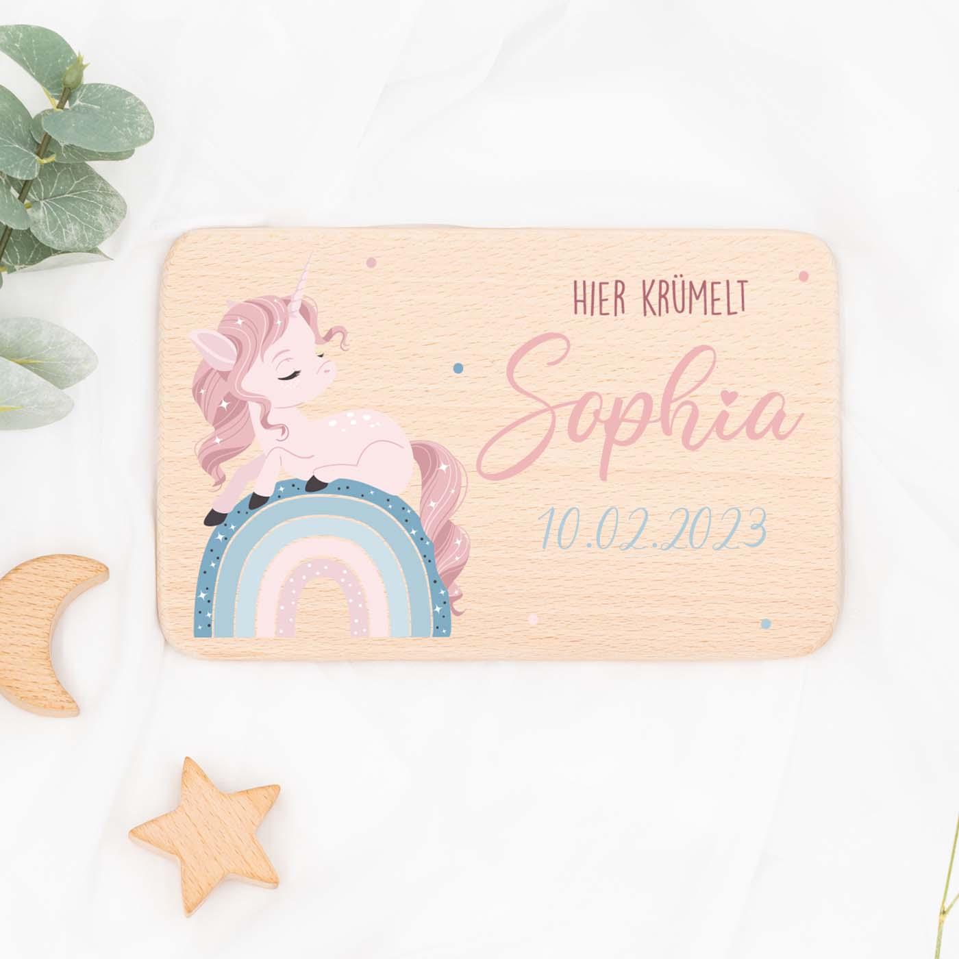 Personalisiertes Frühstücksbrettchen Einhorn Regenbogen