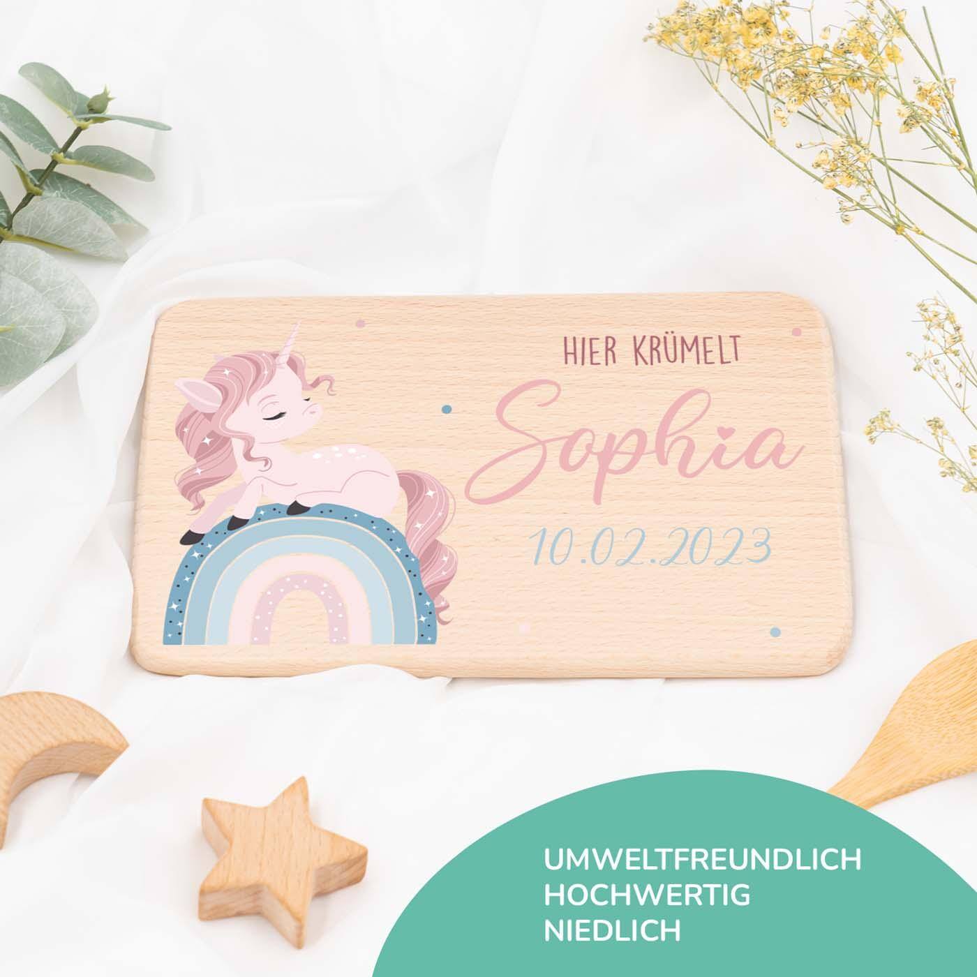 Personalisiertes Frühstücksbrettchen Einhorn Regenbogen