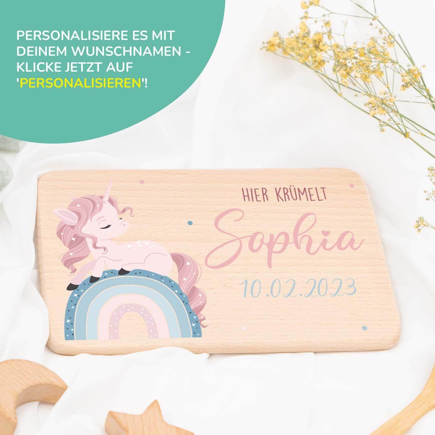 Personalisiertes Frühstücksbrettchen Einhorn Regenbogen
