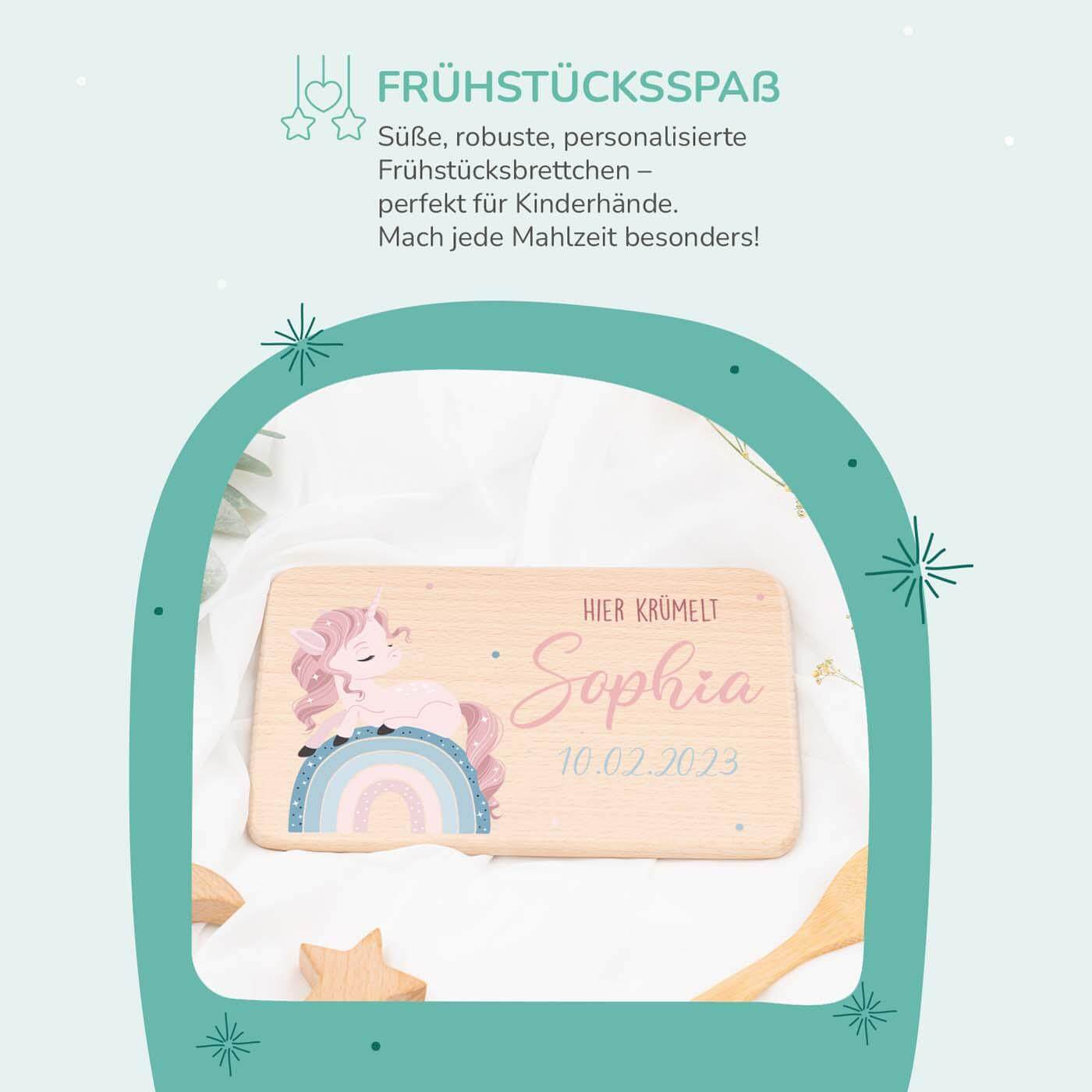 Personalisiertes Frühstücksbrettchen Einhorn Regenbogen