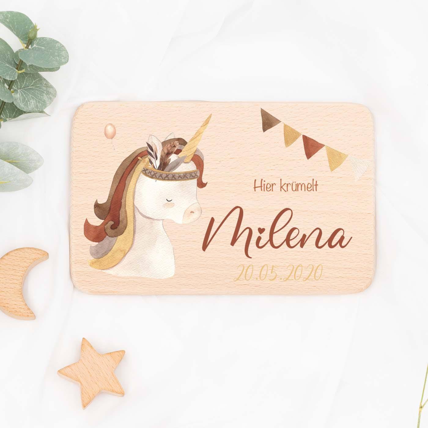 Personalisiertes Frühstücksbrettchen Einhorn Boho