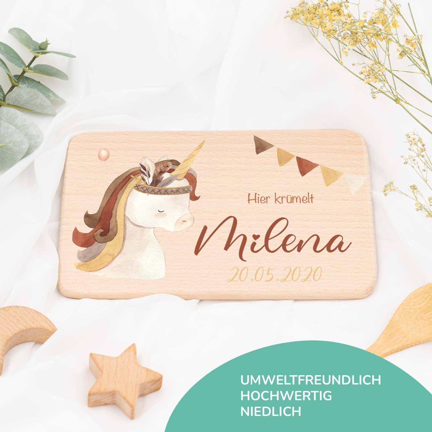 personalisierte einhorn boho frühstücksbrettchen aus holz