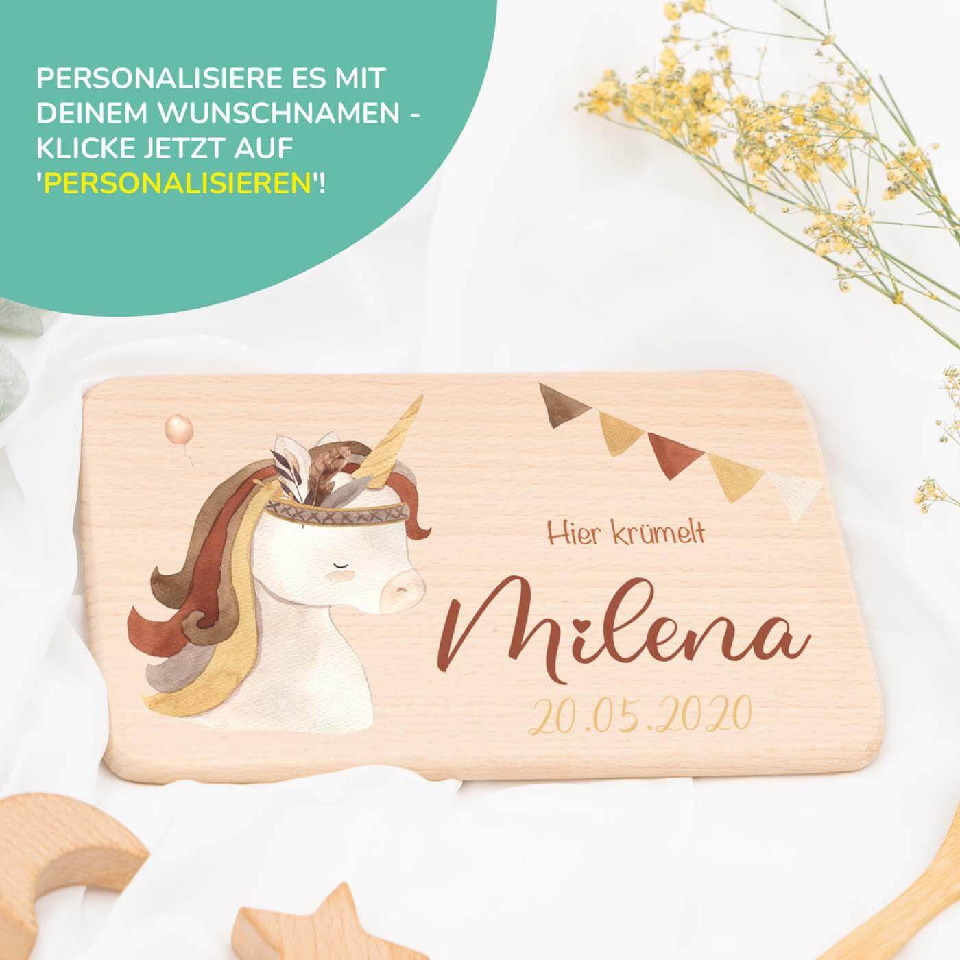 frühstücksbrettchen mit einhorn boho motiv und individuellem namen