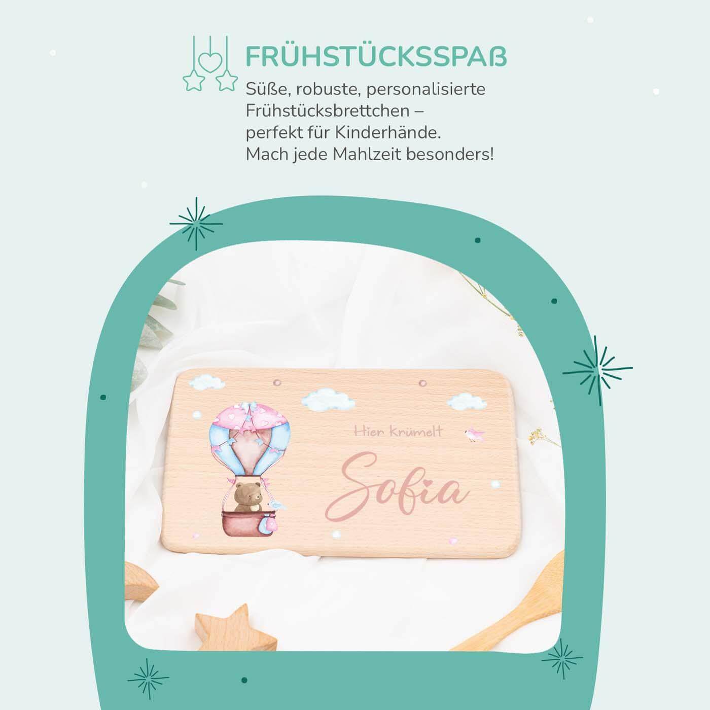 handgefertigtes frühstücksbrettchen mit ballon-bär gravur