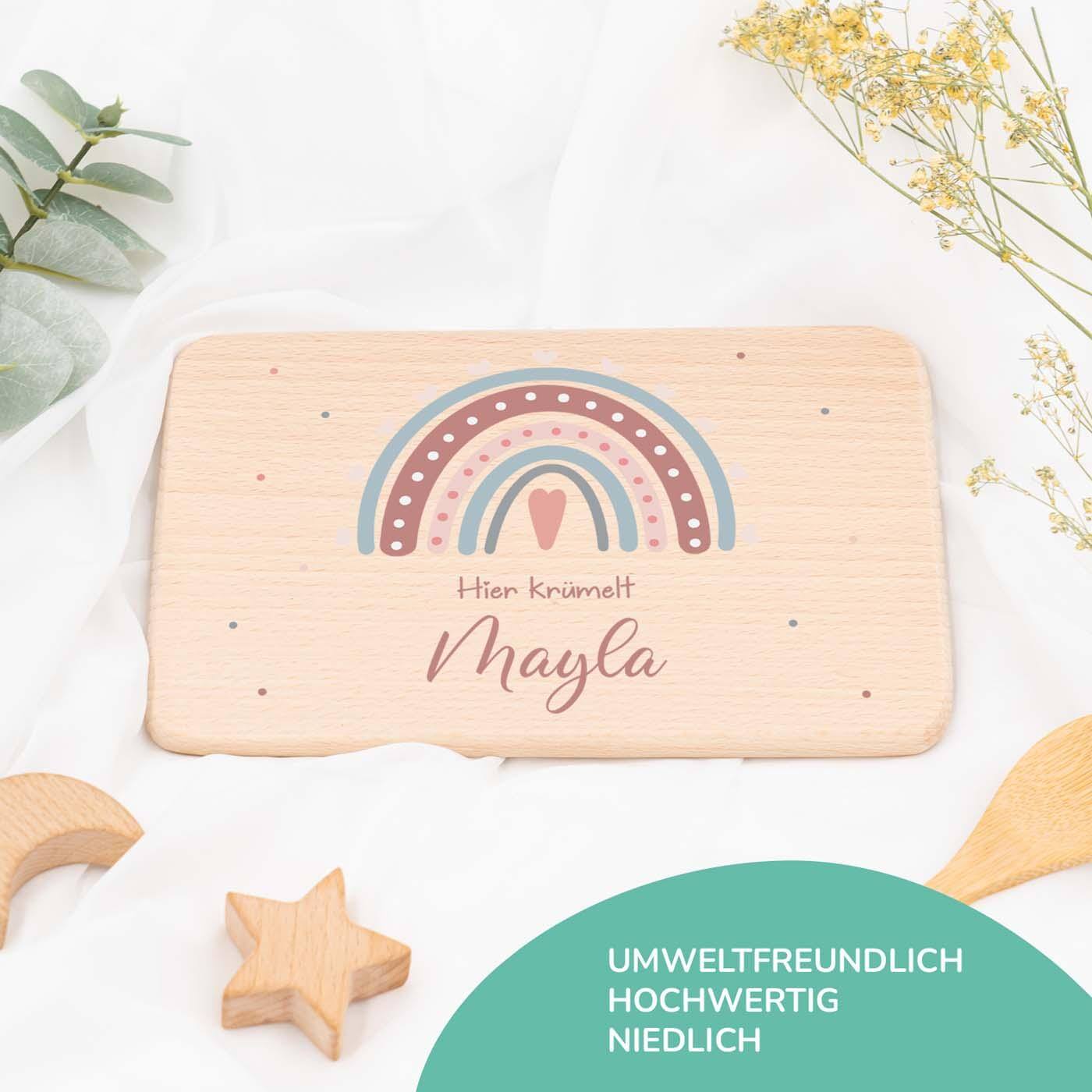 frühstücksbrettchen mit regenbogen motiv und individuellem namen